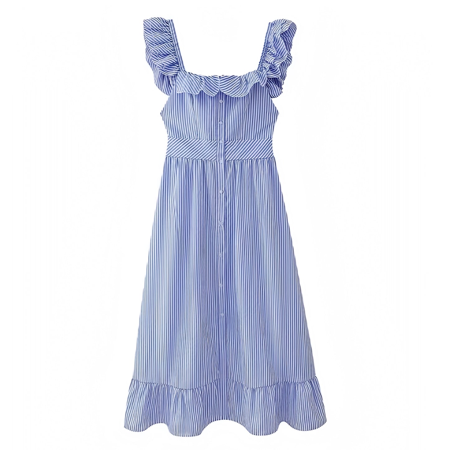 blue-and-white-striped-seersucker-pinstripe-print-patterned-ruffle-trim-short-puff-sleeve-square-neck-spaghetti-strap-backless-open-back-button-down-linen-midi-long-maxi-dress-gown-women-ladies-chic-trendy-spring-2024-summer-elegant-casual-semi-formal-classy-feminine-preppy-style-prom-party-european-greece-beach-wear-vacation-sundress-coastal-granddaughter-nautical-grandmillennial-zara-revolve-hill-house-pacsun-altard-state