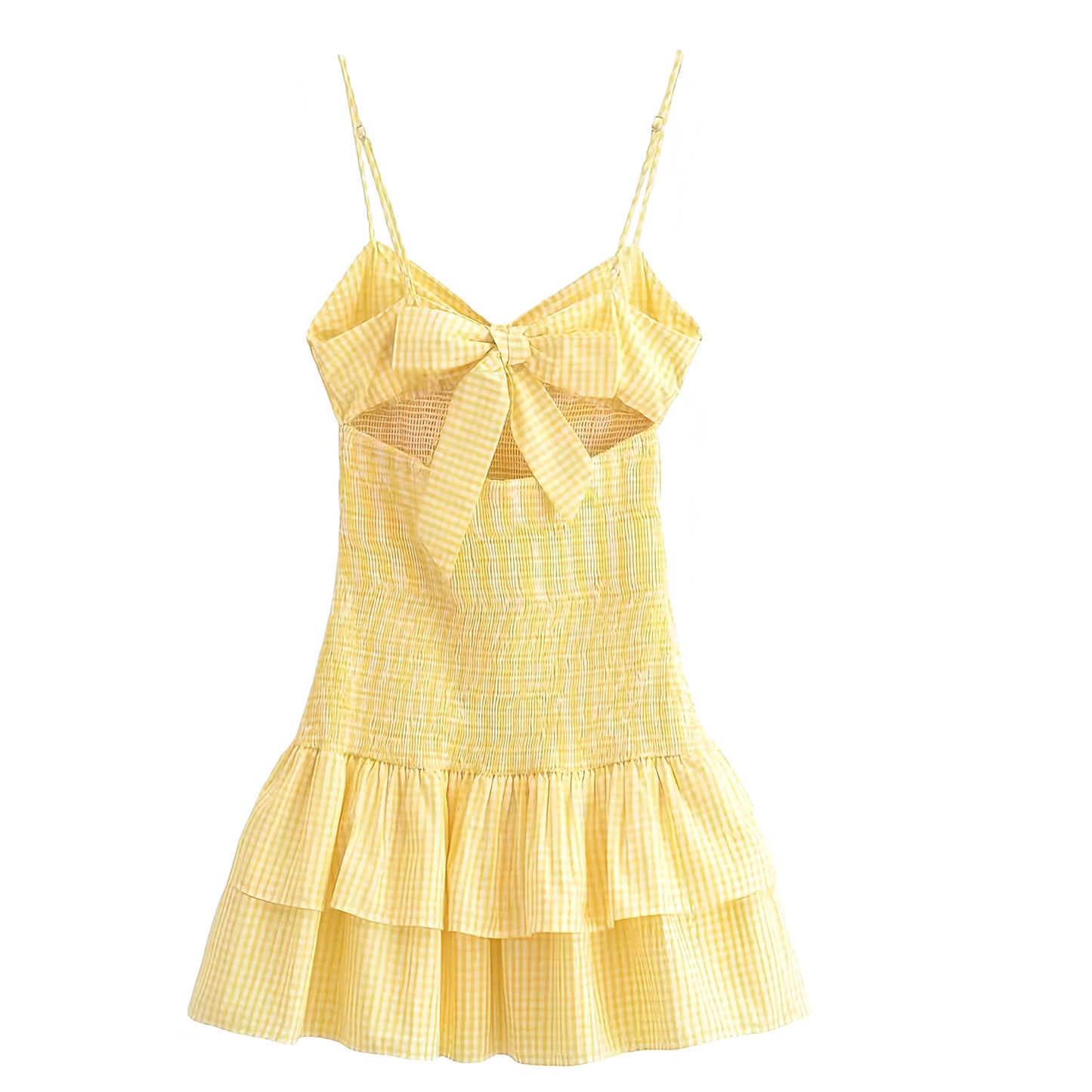 Yellow Gingham Smocked Layered Ruffle Trim Spaghetti Strap Backless Mini Dress