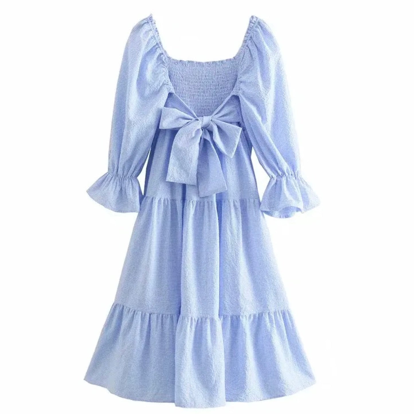 light-blue-white-gingham-checkered-striped-plaid-patterned-slim-fitted-bodycon-smocked-shirred-bodice-drop-waist-ruffle-trim-fit-and-flare-long-puff-sleeve-square-neckline-bow-tie-backless-open-back-tiered-linen-flowy-boho-bohemian-midi-long-maxi-dress-gown-women-ladies-teens-tweens-chic-trendy-spring-2024-summer-elegant-casual-semi-formal-feminine-classy-classic-preppy-style-prom-homecoming-hoco-coastal-granddaughter-grandmillennial-european-vacation-sundress-altard-state-zara-revolve-dupe
