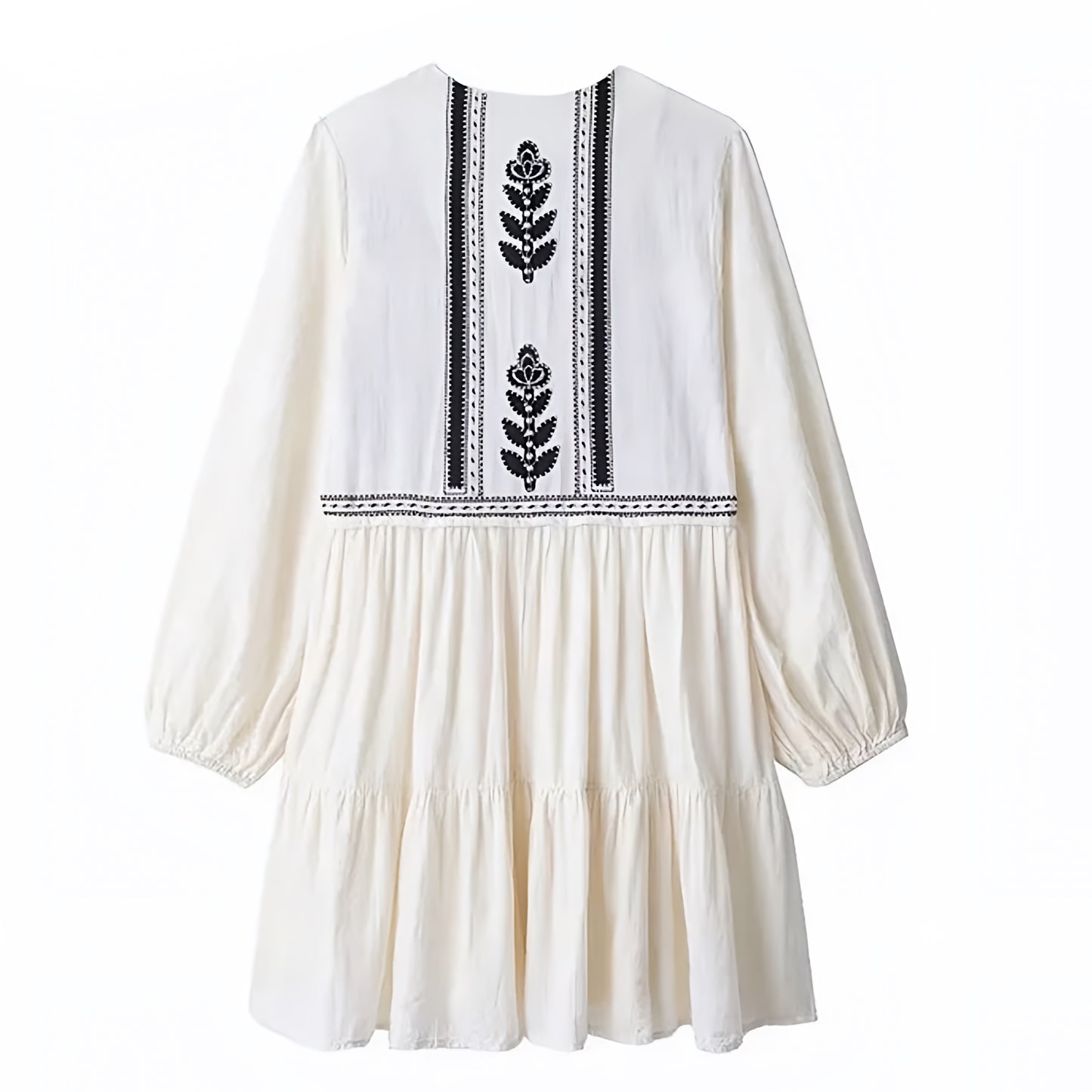 Athens Floral Embroidered Tiered Long Puff Sleeve Boho Mini Dress