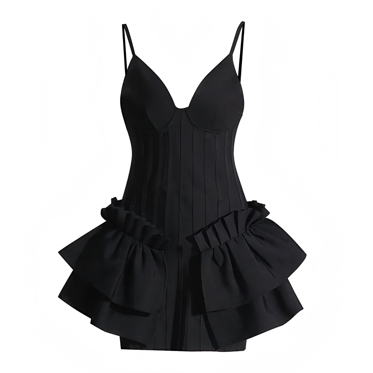 black-slim-fit-bodycon-corset-bustier-layered-ruffle-drop-waist-spaghetti-strap-sleeveless-backless-open-back-sweetheart-neckline-short-mini-dress-evening-gown-couture-women-ladies-chic-trendy-spring-2024-summer-elegant-semi-formal-classy-feminine-gala-prom-paris-style-parisian-french-european-date-night-sexy-club-cocktail-party-sundress-zara-revolve-reformation-house-of-cb-princess-polly-babyboo-white-fox
