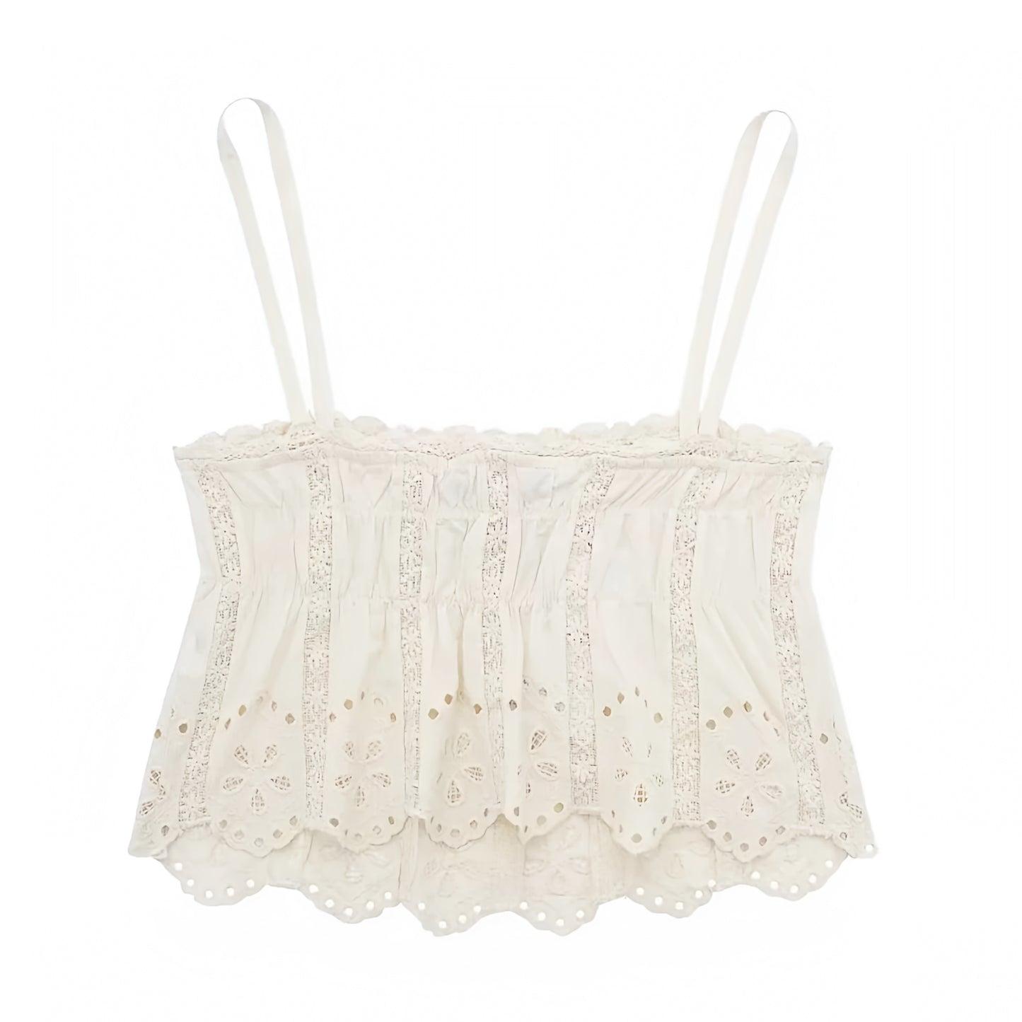 Light Beige Eyelet Embroidered Lace Trim Spaghetti Strap Crop Tank Top