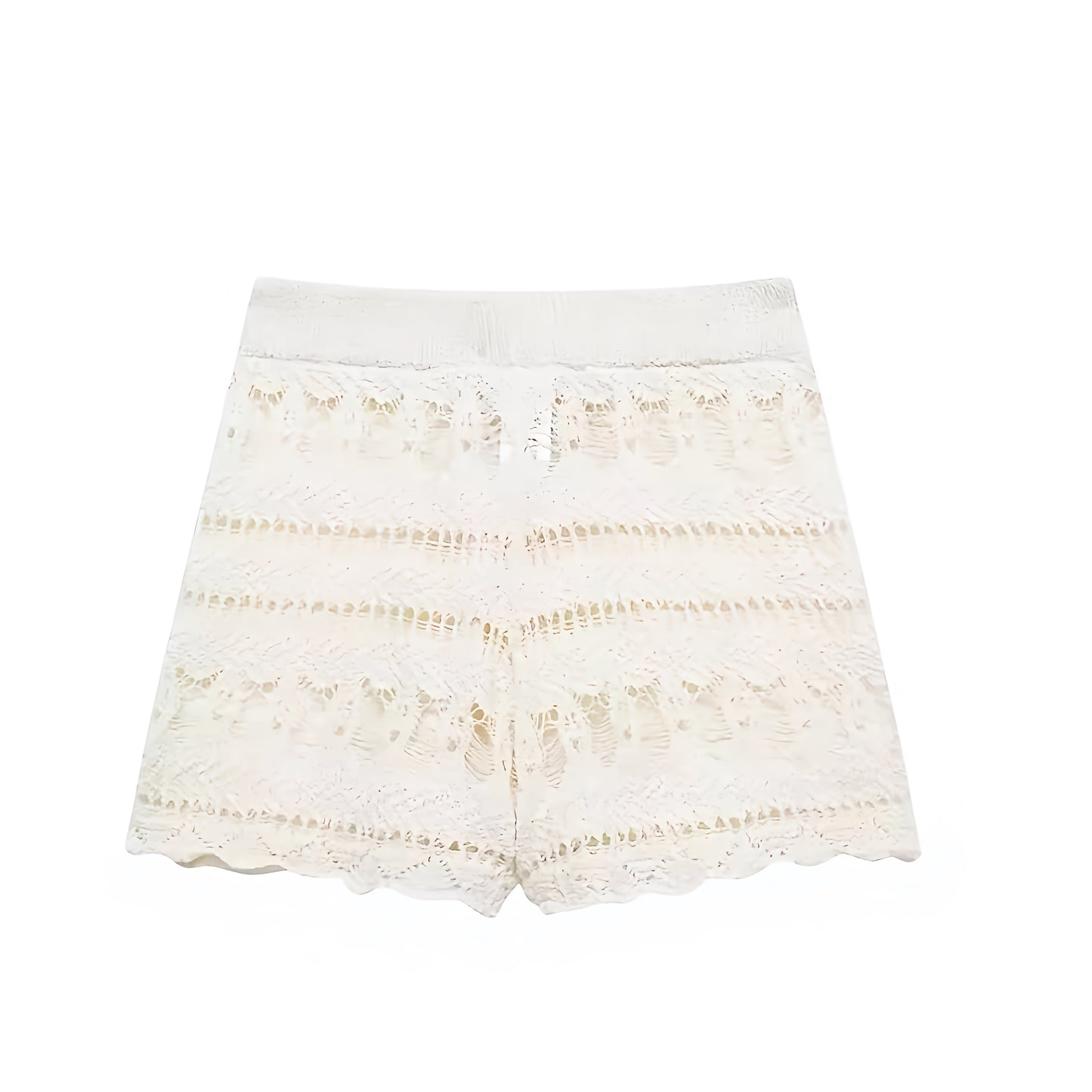 Beige eyelet embroidered knit crochet bohemian high-rise shorts for women, teens, and ladies. Cream white scalloped knit woven embroidered patterned shorts with slim fit straight leg A-line style and drawstring waist. Chic summer medium-length shorts for holiday, vacation, casual everyday fashion, boho chic, Ibiza style, Euro summer, resort wear, coastal style, coastal granddaughter, Hamptons style, Nantucket preppy beach looks. Perfect as swimsuit cover, rave, festival, concert, beach club fashion.