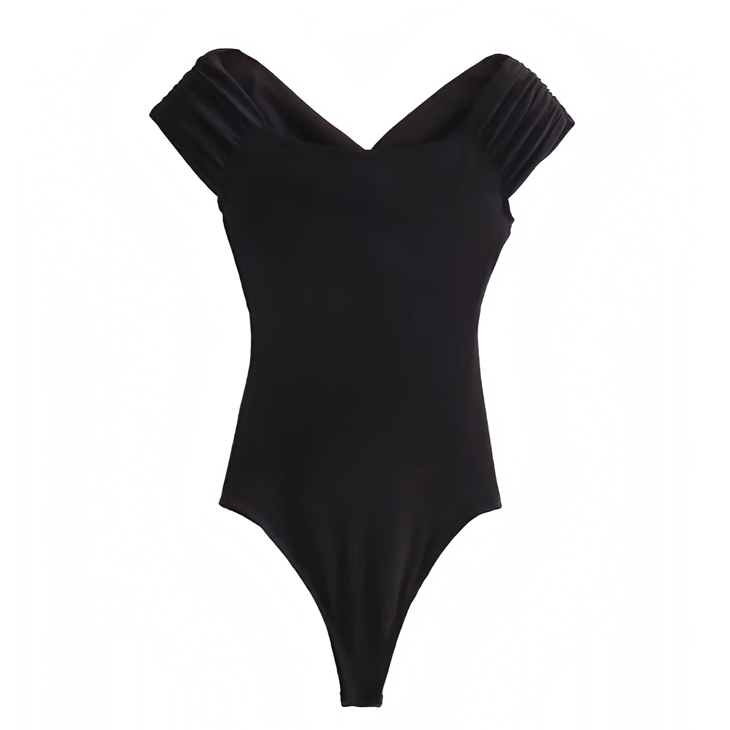 Black bodycon draped ruched off-shoulder Bardot bodysuit made from a soft, stretchy cotton blend fabric with a slim fit and flattering sweetheart neckline. Features short sleeves, a sleek minimalist silhouette, and draped detailing for an elegant yet sexy look. Ideal for day-to-night wear, parties, and going-out outfits. Ships globally and worldwide to the US, UK, Canada, Australia, New Zealand, Europe, Asia, and beyond.