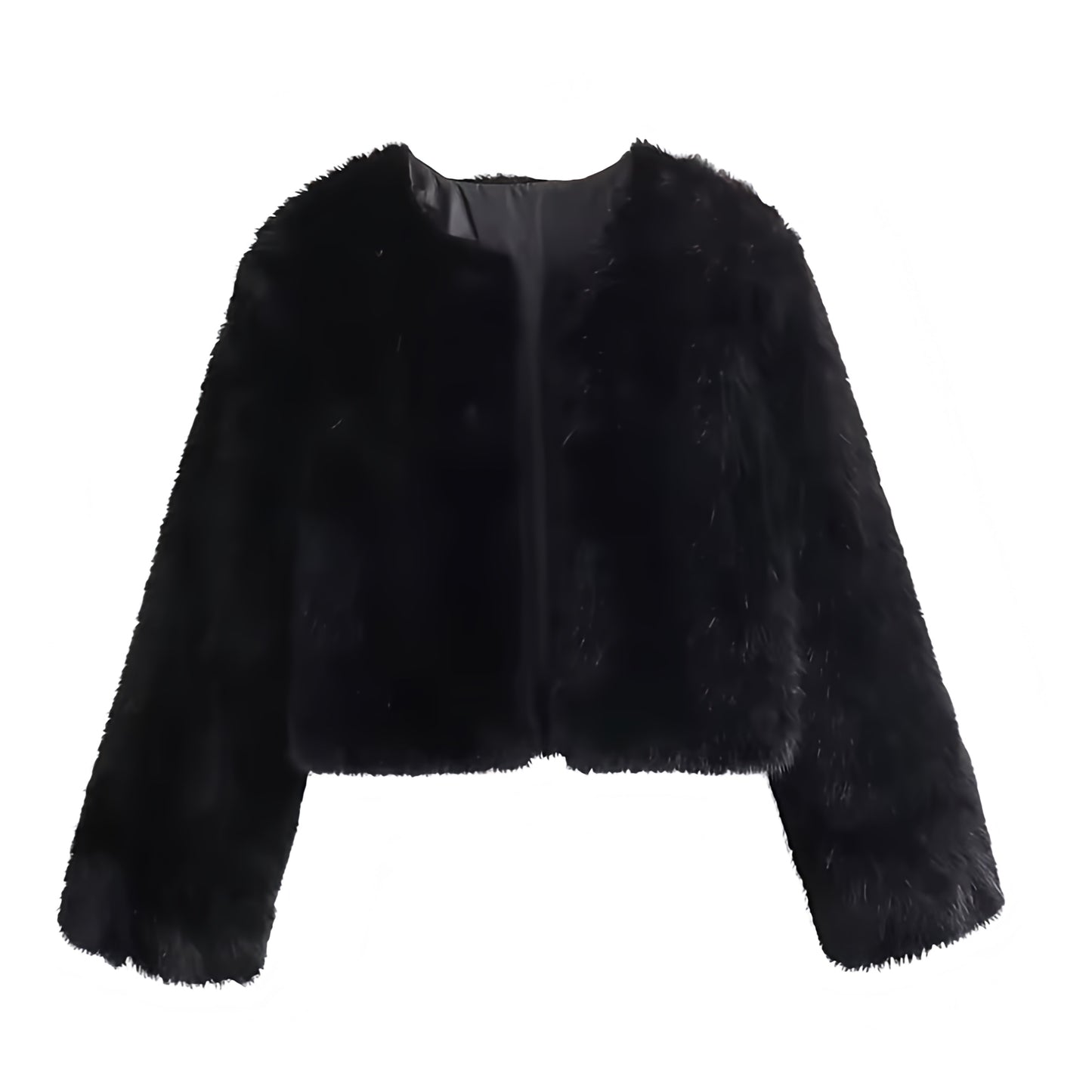Black faux fur cropped jacket for women and teens, satin lined fuzzy soft cozy oversized thick long sleeve luxury fur coat with round neckline split neck crewneck, elegant feminine trendy Y2K chic outerwear for fall autumn winter 2025, stylish Copenhagen Scandinavian streetwear look for ski trip après ski party night out clubwear concert festival, with global worldwide shipping to US UK Canada Australia Europe and Asia.