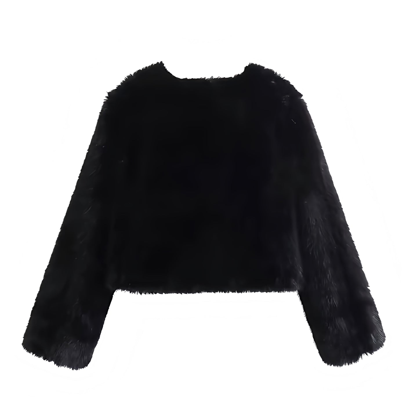 Black faux fur cropped jacket for women and teens, satin lined fuzzy soft cozy oversized thick long sleeve luxury fur coat with round neckline split neck crewneck, elegant feminine trendy Y2K chic outerwear for fall autumn winter 2025, stylish Copenhagen Scandinavian streetwear look for ski trip après ski party night out clubwear concert festival, with global worldwide shipping to US UK Canada Australia Europe and Asia.