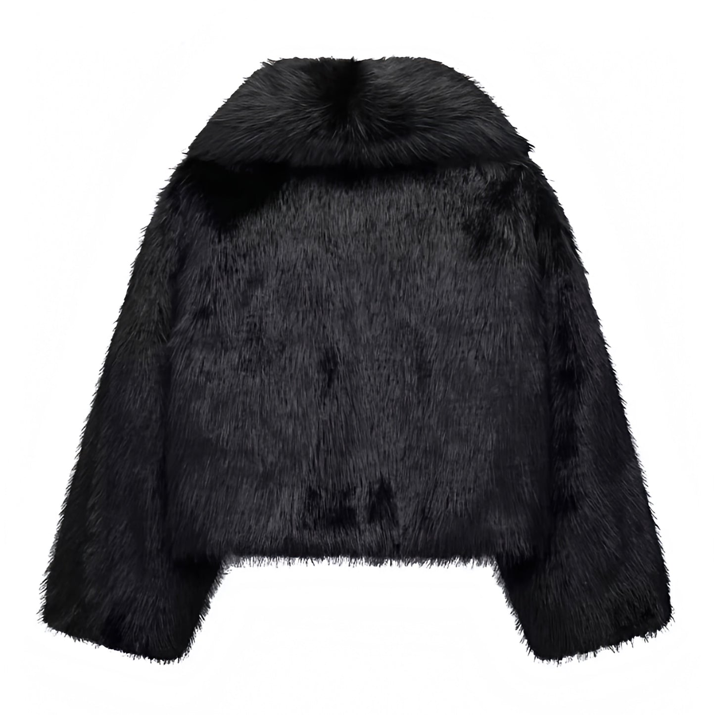 Black faux fur oversized cropped jacket with collared v-neck design for women and teens, satin lined fuzzy soft cozy thick luxury faux fur coat with long sleeves, elegant feminine trendy Y2K chic fashionable outerwear for fall autumn winter 2025, stylish Scandinavian Copenhagen streetwear ski outfit apres ski night out cool girl it girl party festival look, with global worldwide shipping to US UK Canada Australia Europe and Asia.