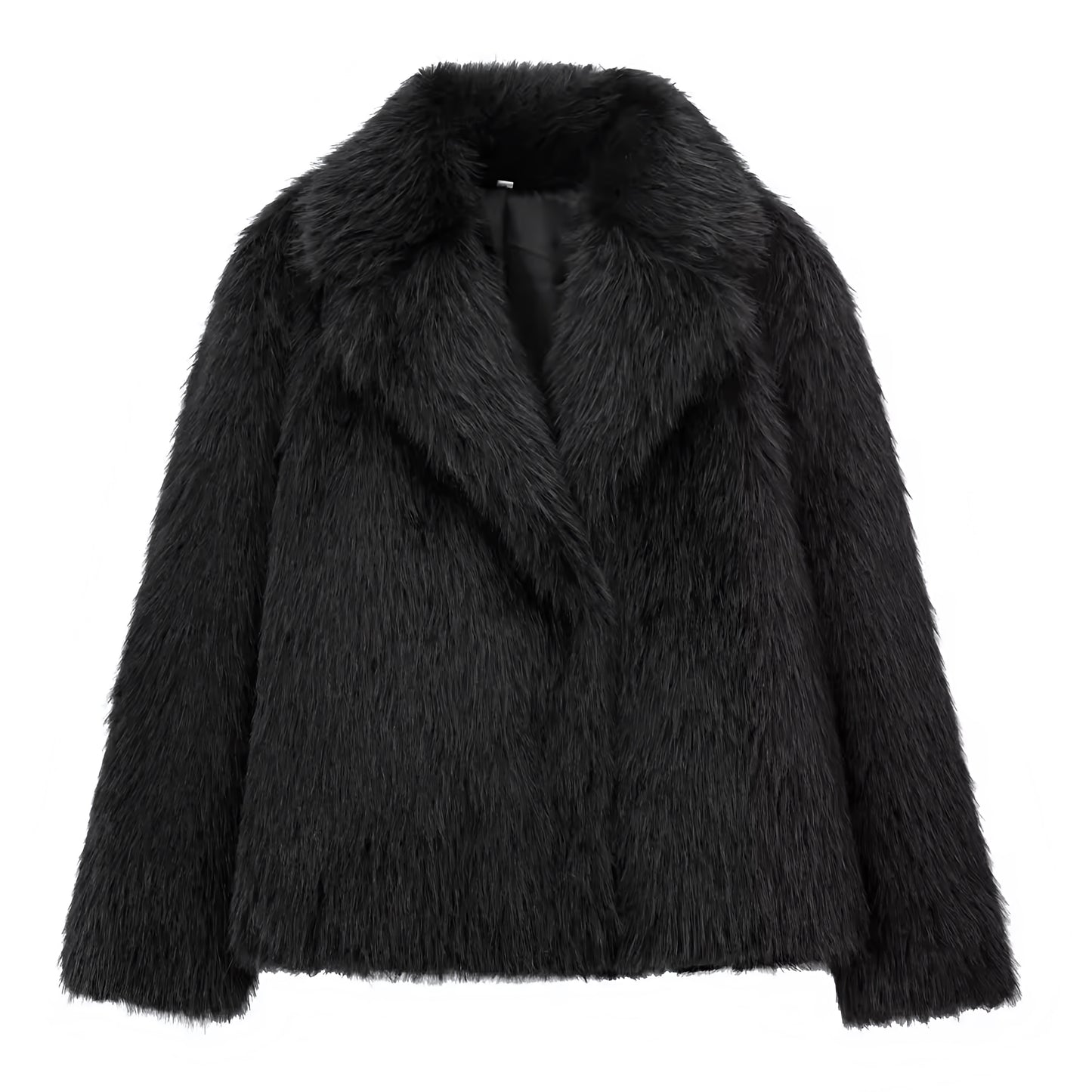 Black faux fur oversized long sleeve jacket for women and teens, satin lined fuzzy soft cozy warm thick luxury fur coat with collared v-neck split neck design, elegant feminine trendy Y2K chic fashionable outerwear for fall autumn winter 2025, stylish Scandinavian Copenhagen streetwear ski outfit après ski night out cool girl it girl fashion, global worldwide shipping to US UK Canada Australia Europe and Asia.