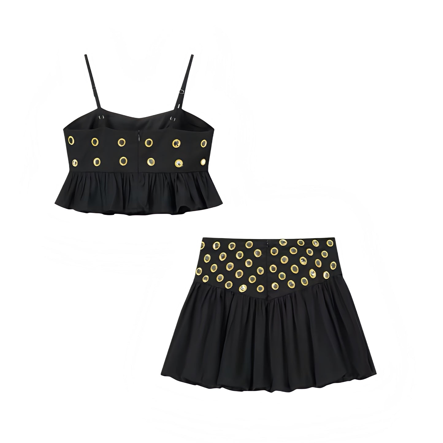Black gold metallic mirror beaded patterned slim fit a-line flared ruffle trim drop waist plissé pleated short mini skirt dress set with spaghetti strap sleeveless backless crop top, matching top and bottoms outfit for women and teens, trendy boho chic feminine fashion, Euro summer Ibiza style, sexy club wear, party, vacation, holiday, beach, concert, festival night out 2025 with global shipping to USA, UK, Europe, Australia, and Canada.