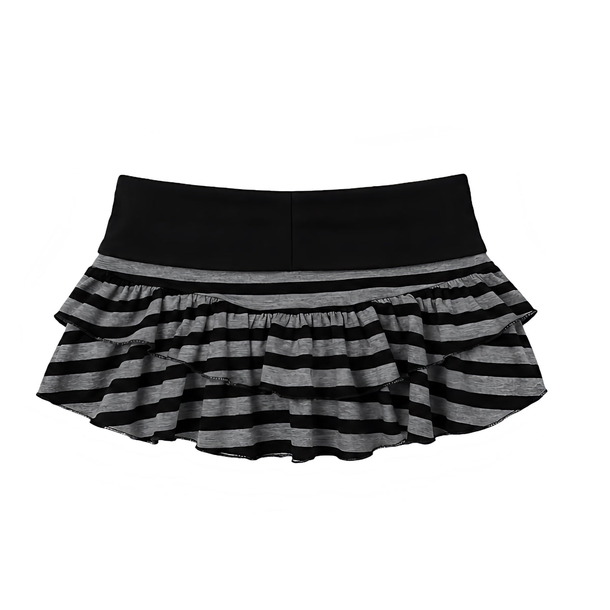Black and dark grey striped layered ruffle low-rise micro mini skirt with wide low waist waistband, horizontal contrast stripes, tiered cascading ruffles, flouncy flared hem and ultra-short Y2K silhouette. Women’s fall autumn 2026 skirt for Y2K 2000s, scene girl, emo, goth, gothic, mall goth, grunge, punk, rock chic, rockstar GF, baddie, dark academia and streetwear style; party, club, NYE, rave, festival, concert, date night, going out and Halloween outfits.