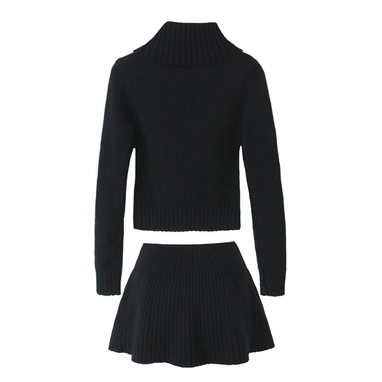 Black Knit Ribbed Slim Fit Turtleneck Long Sleeve Sweater & Mini Skirt 2 Piece Set for women and teens. Soft, cozy, bodycon knitwear matching set featuring a cropped slim-fit sweater and high-waisted mini skirt. Elegant, feminine, trendy, and chic fall and winter 2025 outfit. Ships globally and worldwide to the US, UK, Canada, Australia, Europe, and Asia.