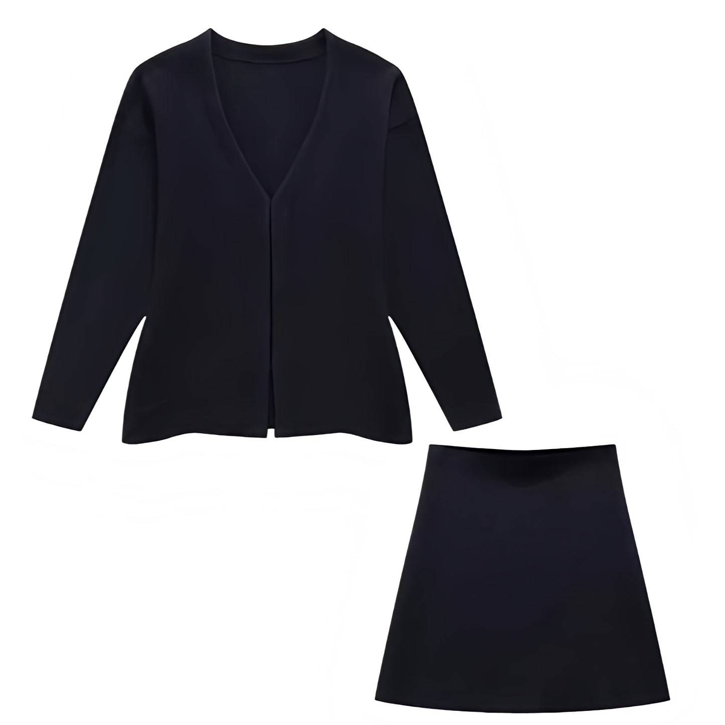 Black Knit V-Neck Long Sleeve Cardigan Sweater & Mini Skirt 2 Piece Set for women and teens. Soft, ribbed, cozy, and elegant knitwear matching set featuring a cropped V-neck cardigan and high-waisted mini skirt. Chic, trendy, and feminine outfit for fall, autumn, and winter 2025. Ships globally and worldwide to the US, UK, Canada, Australia, Europe, and Asia.
