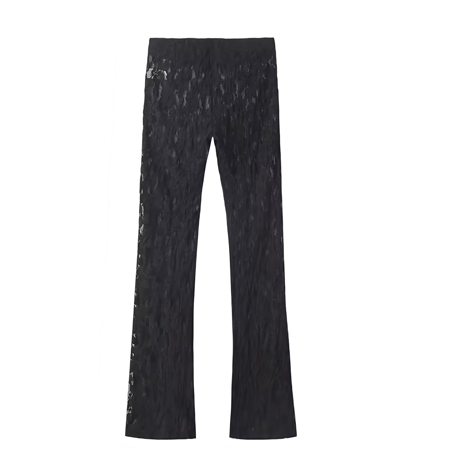 Black lace low rise translucent flare pants with floral patterned design. Slim fit skinny leggings style low waisted flare trousers. Women’s and teens’ summer and fall 2025 fashion. Feminine chic trendy Y2K poster girl style for holiday, vacation, casual everyday outfits, sorority rush, school, elegant evening looks, party, night out, going out, sexy club wear, rave, festival, concert wear. Ships worldwide to USA, Australia, New Zealand, UK, Canada, Germany, France, Ireland, Denmark, Sweden, Europe
