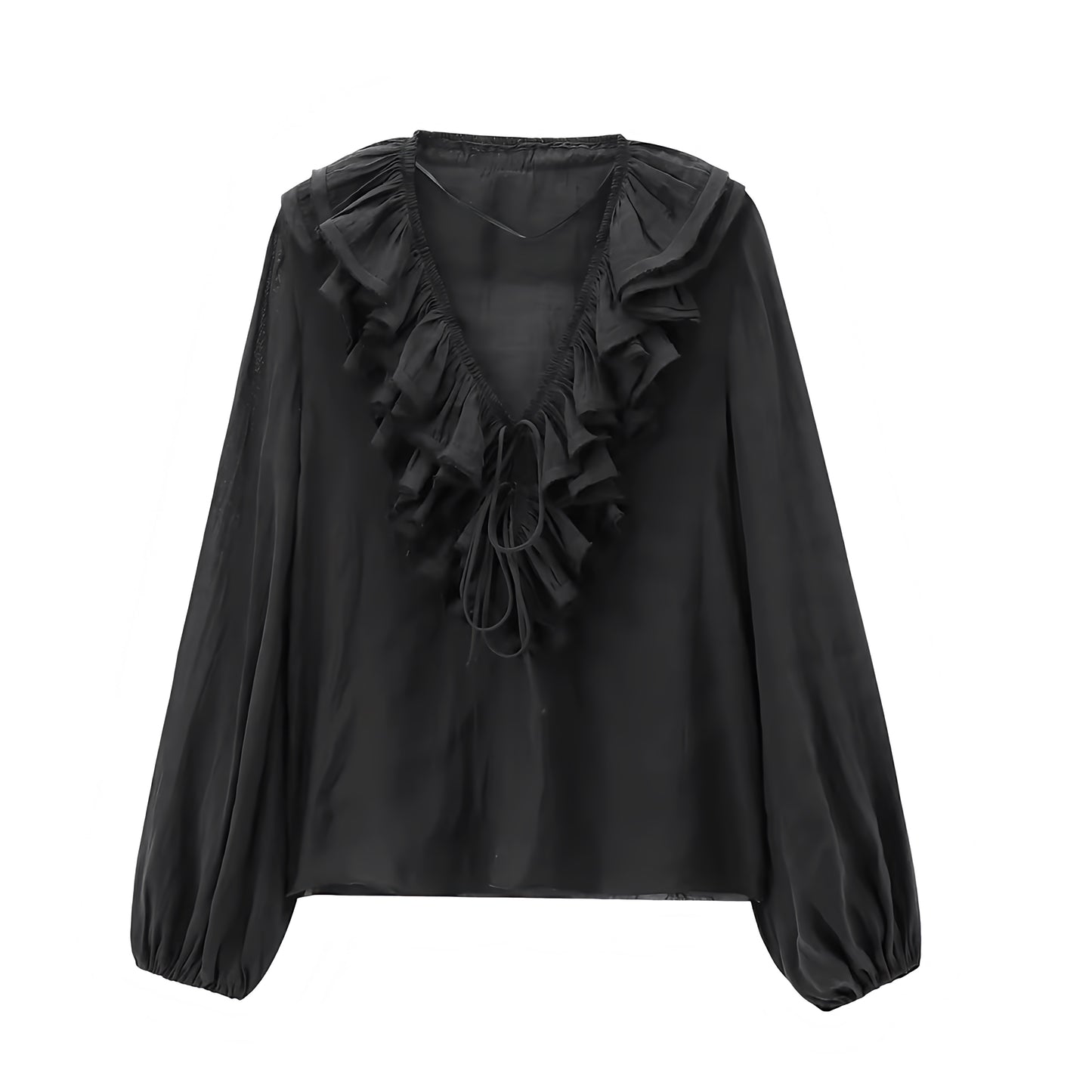 Black layered ruffle trim V-neck bohemian long sleeve blouse top for women, teens, and ladies. Slim fit linen sheath-style crop top blouse with elegant layered ruffles, feminine silhouette, and chic casual design. Perfect for summer and fall 2025 fashion, everyday wear, evening looks, and stylish outfits for festivals, concerts, beach vacations, Euro summer, Ibiza style, Stockholm streetwear, boho chic, western retro style, and preppy chic fashion. Ships worldwide to USA, Australia, Europe, UK, Canada