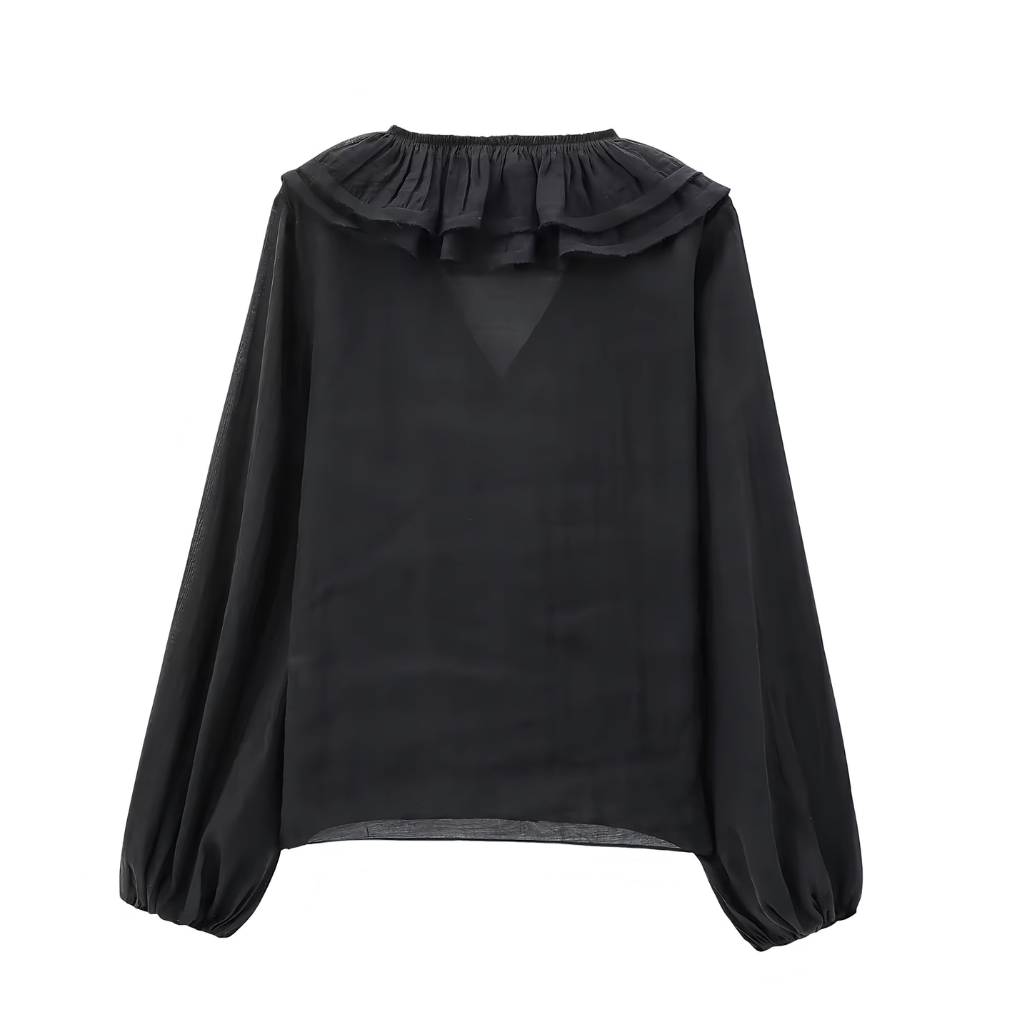 Black layered ruffle trim V-neck bohemian long sleeve blouse top for women, teens, and ladies. Slim fit linen sheath-style crop top blouse with elegant layered ruffles, feminine silhouette, and chic casual design. Perfect for summer and fall 2025 fashion, everyday wear, evening looks, and stylish outfits for festivals, concerts, beach vacations, Euro summer, Ibiza style, Stockholm streetwear, boho chic, western retro style, and preppy chic fashion. Ships worldwide to USA, Australia, Europe, UK, Canada