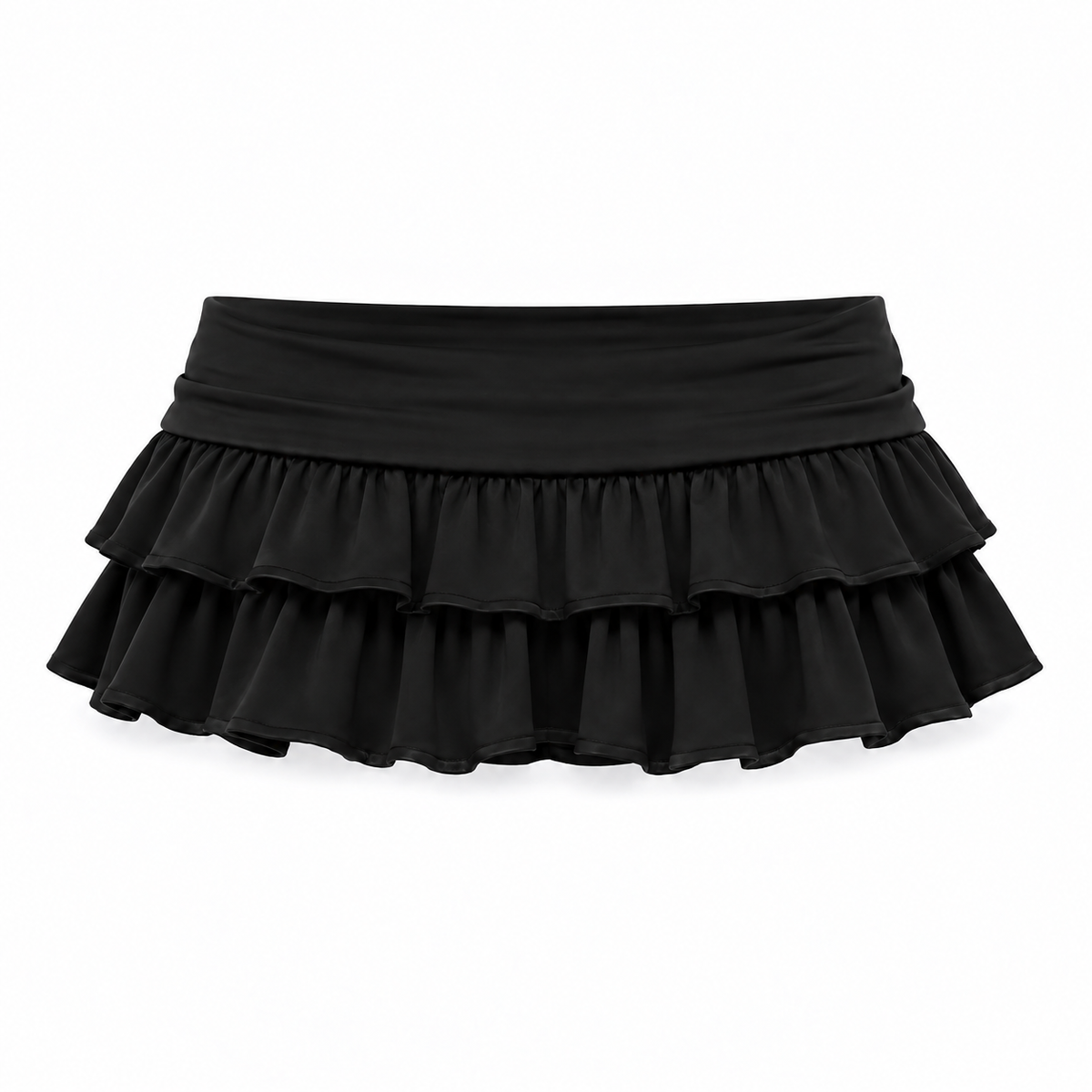 Black low-rise plisse layered ruffle micro mini skirt for women with wide foldover waistband, double-tier gathered ruffles, cascading flounce hem and flared A-line silhouette. Ultra short Y2K 2000s skirt for coquette, gothic coquette, goth, grunge, punk, emo, cybergoth, alt, rock chic, indie sleaze, rave, festival, clubwear, baddie, boho, western, Halloween, night out and party outfits 2026.