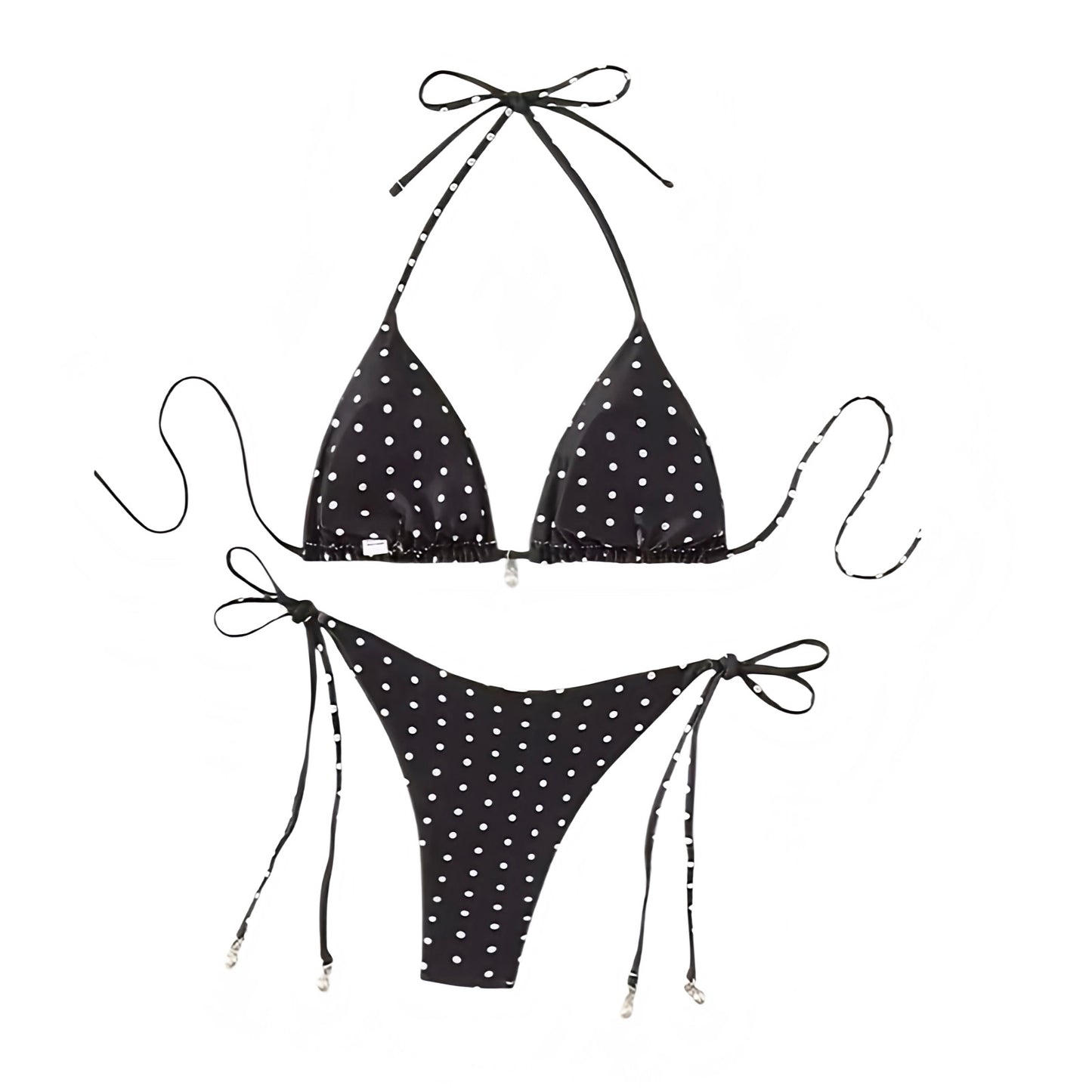 Black and white polka dot print spaghetti strap triangle string bikini set with 2 piece matching top and bottoms. Slim fit skinny fit wireless wire free bikini with halter tie neck v neck sleeveless backless thong string design. Chic swimwear for womens teens ladies perfect beach holiday beach vacation summer vacation spring break euro summer beach girl aesthetic resort wear y2k fashion coastal style retro vintage clean girl aesthetic frankies bikinis dupe.