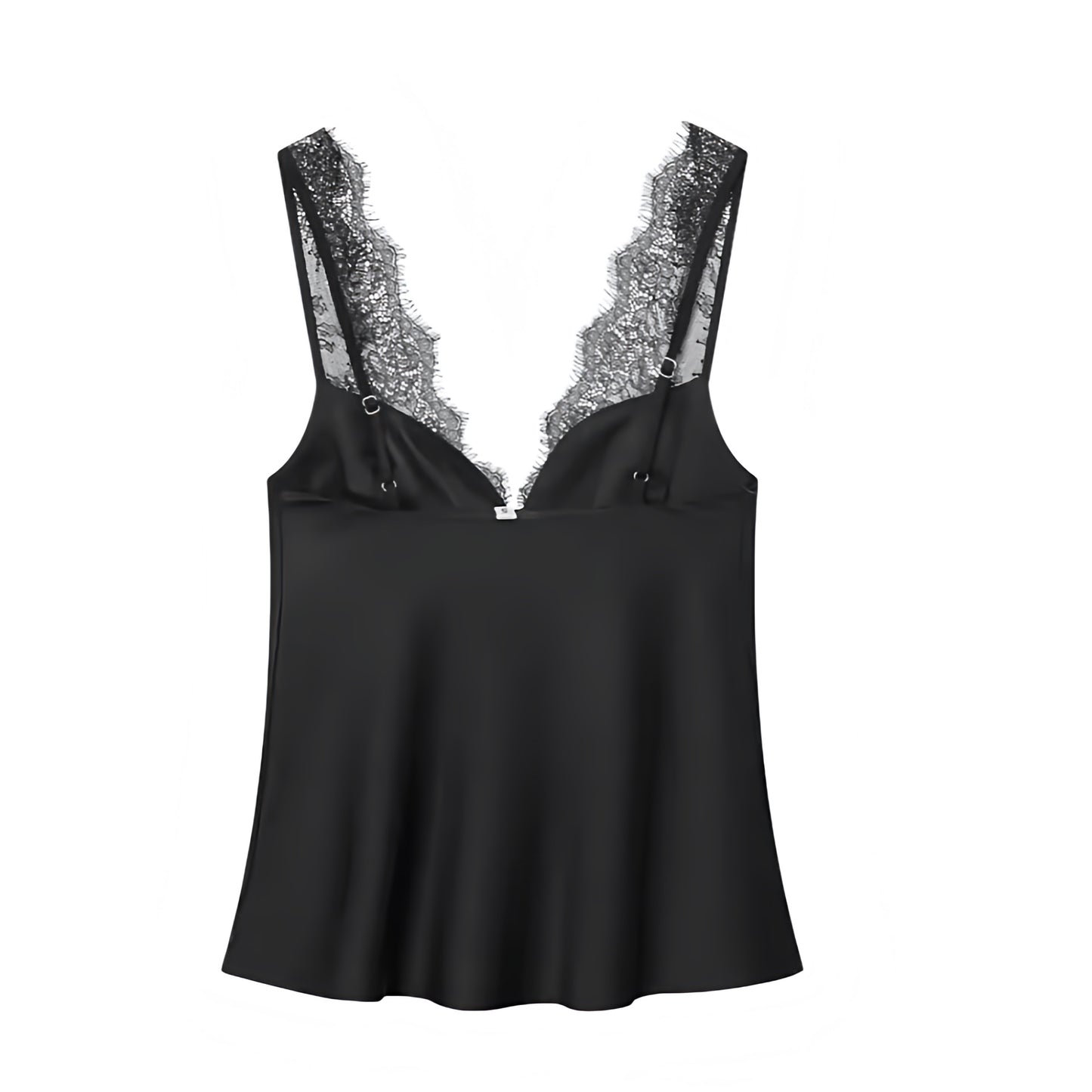 Black satin lace trim sweetheart neckline backless camisole tank top with spaghetti strap sleeveless design. Slim fit bodycon silhouette crop top camisole blouse bralette corset bustier inspired top for womens teens ladies. Y2K style 2000s fashion clubwear party outfit night out outfit festival outfit concert outfit date night outfit streetwear fashion hot girl outfit baddie outfits coquette style emo grunge punk.