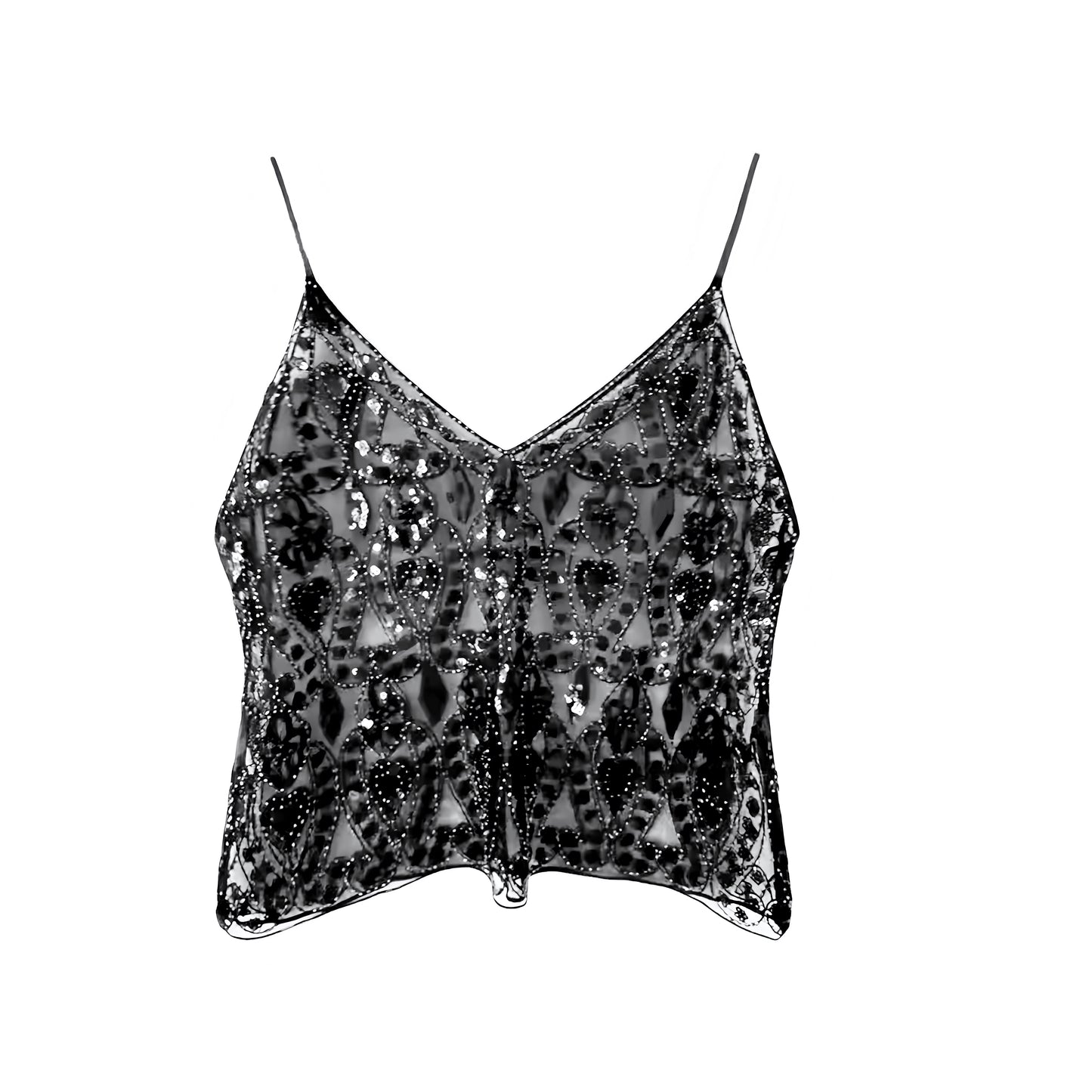 Black metallic sequin embellished beaded v-neck boho tank top with sparkle sparkly glittery mesh translucent shimmery floral geometric patterned design. Slim fit skinny fit sleeveless spaghetti strap backless crop camisole blouse for women, teens, and ladies. Chic trendy casual elegant sexy party top for beach vacation, summer vacation, euro summer, Ibiza fashion, rave outfit, festival outfit, concert outfit, disco party, club wear, night out, going out, NYE outfit, boho chic style, y2k fashion, baddie.