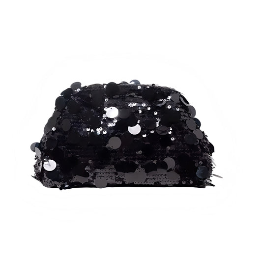 Black sequin embellished sparkly clutch pouch bag, chic trendy small mini purse handbag for women and teens, elegant stylish accessory perfect for party, club, night out, Ibiza style, Y2K fashion, euro summer vacation 2025 looks, sexy chic clubwear and beach holiday style, ships internationally to USA, Canada, UK, Australia, France, Germany, Spain, Italy, Denmark, Asia.