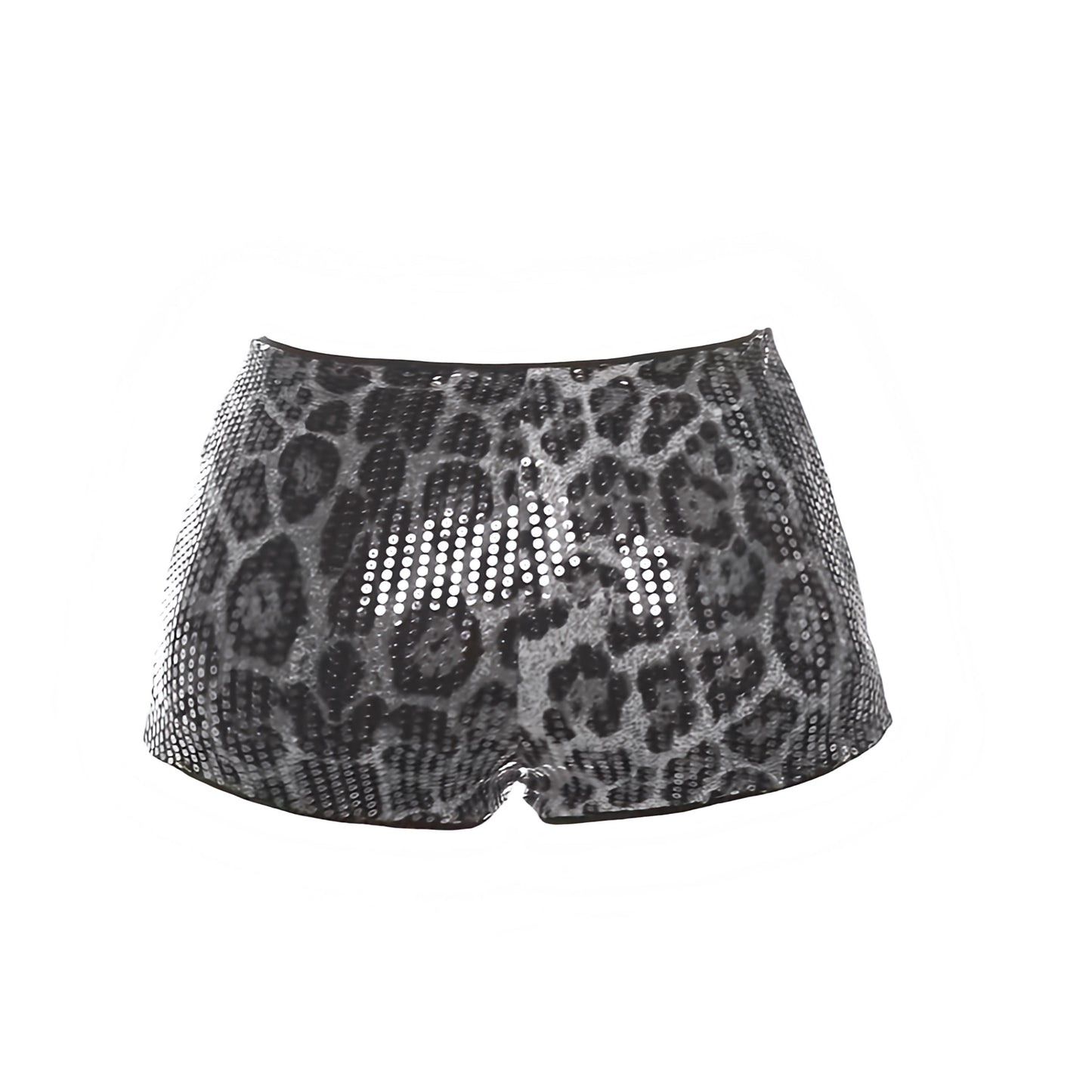 Black sequin leopard print micro shorts featuring white grey gray cheetah print animal print patterened multicolor sequin embellished beaded sparkly shimmery glittery slim fit bodycon skinny fit low rise low waisted short shorts mini shorts hot pants cut shorts for womens teens ladies y2k style 2000s fashion chic trendy party night out club wear disco outfit rave festival ibiza style rock chic baddie street wear retro style.