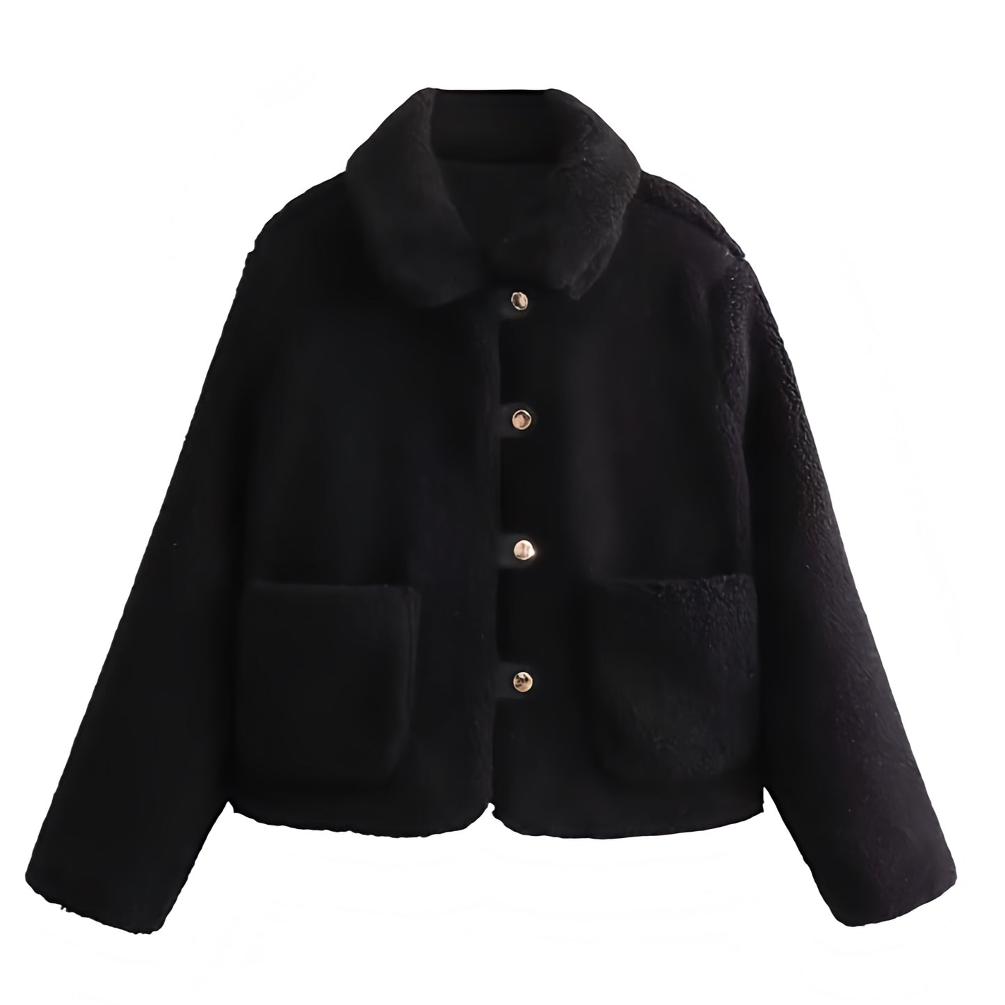 Black sherpa faux fur cropped button-down overcoat jacket for women and teens, gold button satin lined fuzzy soft cozy warm thick luxury woolen coat with collared mock neck split neck round neckline, elegant feminine trendy Y2K chic fashionable outerwear for fall autumn winter 2025, Scandinavian Copenhagen streetwear and old money style après ski ski trip snow day outfit, with global worldwide shipping to US UK Canada Australia Europe and Asia.