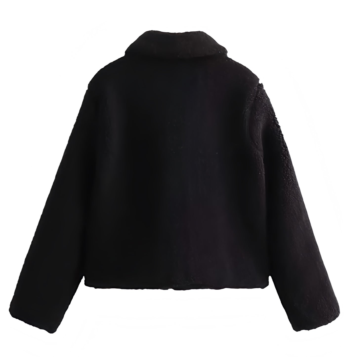 Black sherpa faux fur cropped button-down overcoat jacket for women and teens, gold button satin lined fuzzy soft cozy warm thick luxury woolen coat with collared mock neck split neck round neckline, elegant feminine trendy Y2K chic fashionable outerwear for fall autumn winter 2025, Scandinavian Copenhagen streetwear and old money style après ski ski trip snow day outfit, with global worldwide shipping to US UK Canada Australia Europe and Asia.