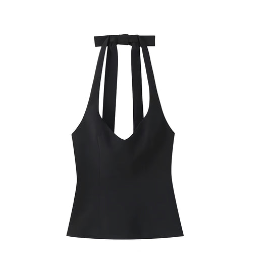 Black slim fit V-neck halter corset tank top for women, sleeveless backless bustier bodycon crop top, sexy chic party clubwear, trendy Y2K summer fall 2025 outfit.