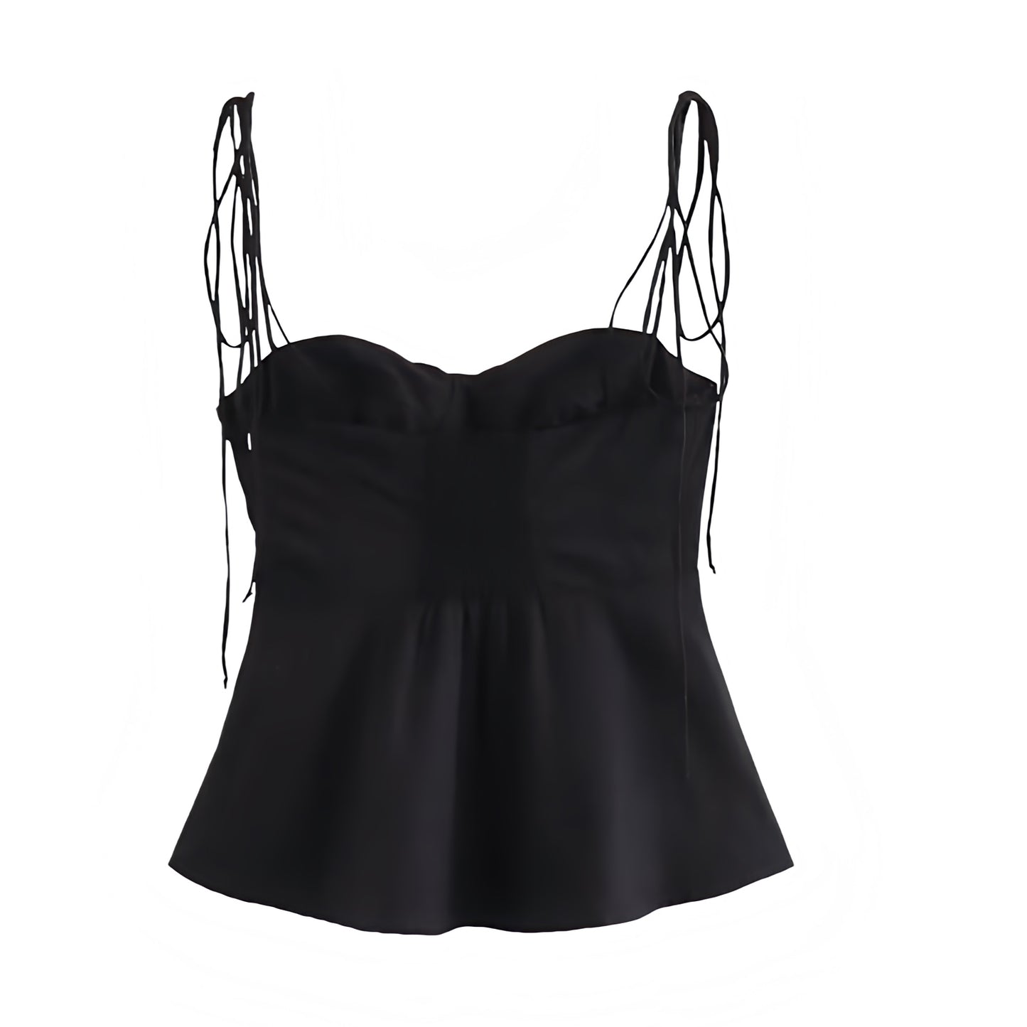 Black sweetheart neckline camisole corset tank top with slim fit bustier bodycon silhouette. Sleeveless spaghetti strap backless crop blouse with ruffle trim, layered ruffles, plisse details, tiered flared peplum feminine design. Women’s and teens’ summer and fall 2025 fashion. Chic coquette Y2K trendy elegant casual everyday wear. Perfect for holiday, vacation, school, sorority rush, evening, party, night out, going out, sexy club wear, beach, boho chic, bohemian, euro summer, Stockholm style