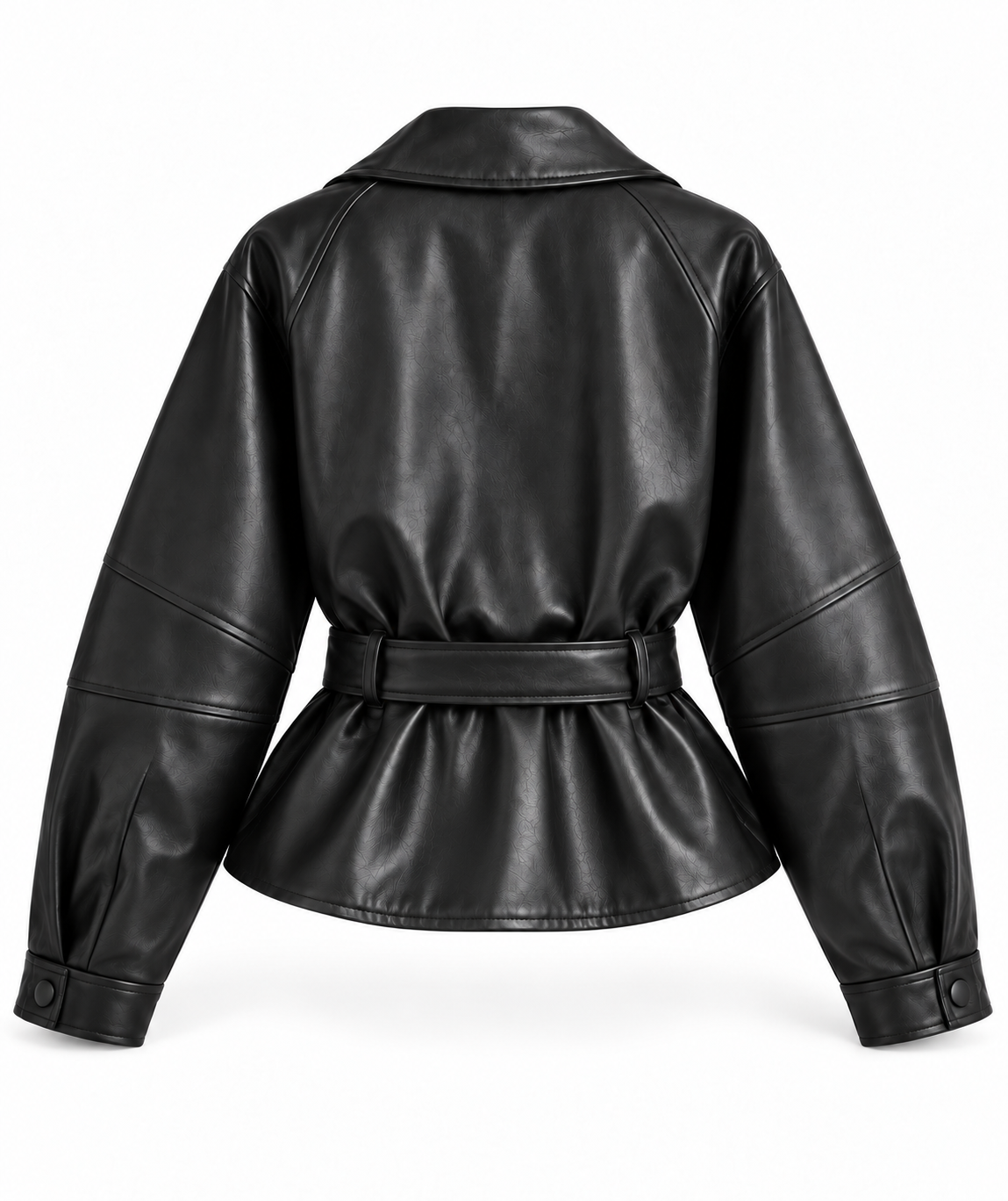 Back view of black faux leather belted moto biker jacket for women with smooth leather-look finish, long sleeves, snap cuffs, wide self-tie waist belt, belt loops, cinched fitted waist and flared peplum hem. Vintage-inspired Y2K 2000s and 90s jacket for Fall Winter 2026, elegant streetwear, baddie fits, rock chic, rockstar GF, grunge, punk, goth, emo, alt, cybergoth, western chic, cowgirl, boho and going out fashion.