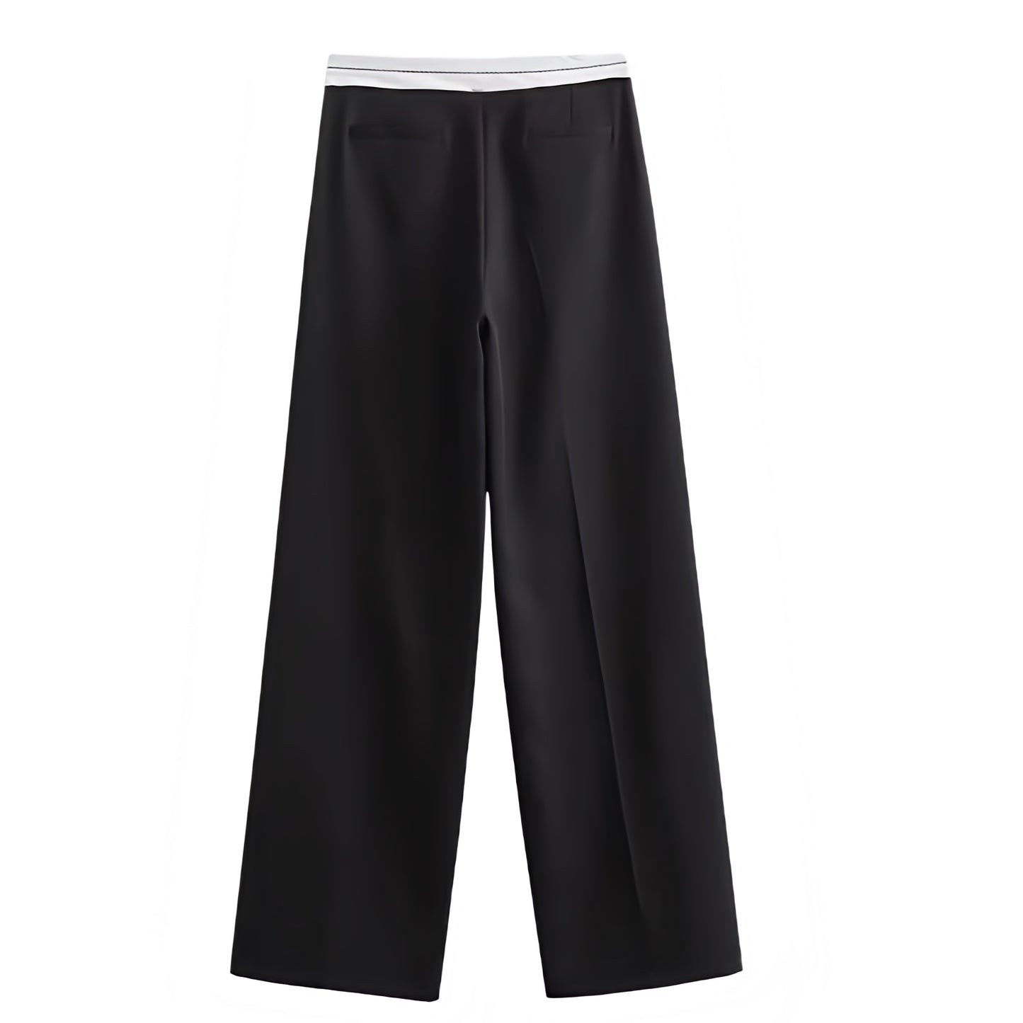 Black and white mid-rise pleated tailored straight leg trouser pants for women featuring a sporty contrast waistband and smooth woven fabric. Sleek, structured, and elegant with a modern minimalist sport-luxe style. Perfect for streetwear, office siren, or Scandinavian-inspired looks. Ideal for everyday, evening, or capsule wardrobe outfits. Ships globally to the US, UK, Canada, Australia, Europe, and Asia.
