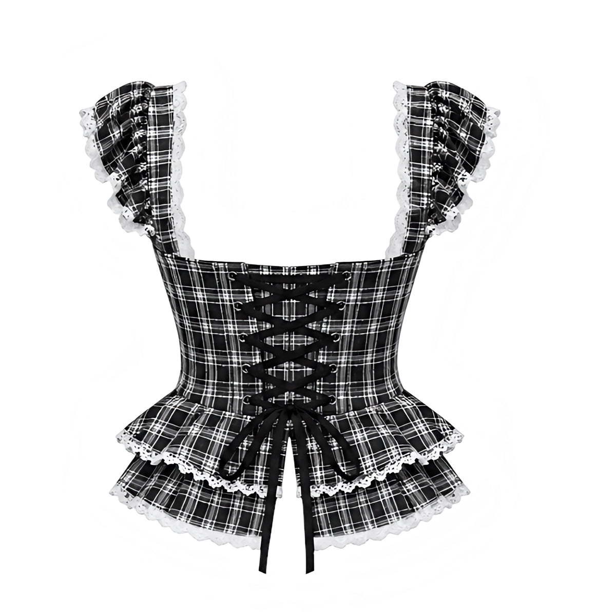 Black and white plaid ruffle lace trim milkmaid bustier corset top with tartan check print, structured sweetheart cups, corset boning, hook-and-eye front, ruffled shoulder straps, scalloped white lace trim, open lace-up back, black ribbon bow and tiered peplum ruffle hem. Women’s slim-fit Y2K 2000s coquette, dollette, soft grunge, goth, gothic, emo, punk, alt baddie, western chic and cowgirl top for party, club, festival, concert, Halloween and fall 2026 outfits.