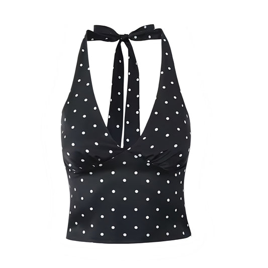 Black and White Polka Dot Satin V-Neck Sleeveless Halter Crop Top Slim Fit Corset Camisole Blouse with Satin Finish and Spotted Print, Sleeveless and Backless Summer 2025 Trendy Crop Style for Women and Teens, Perfect for Casual Everyday Outfits, Holiday Vacation Looks, School Sorority Rush, Euro Summer Trips, Parisian Chic Style, Brunch, Elegant Preppy Old Money Aesthetic, Sexy Y2K Night Out Club Wear, Coquette That Girl It Girl Fashion