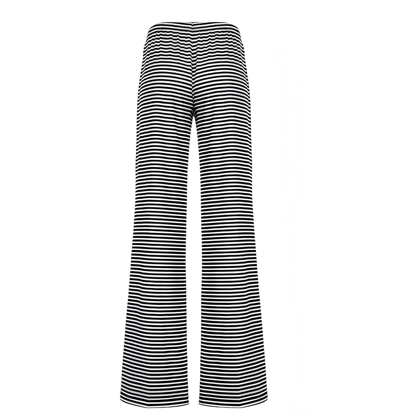 Black and white striped low-rise slim fit flared drawstring pants for women featuring breathable cotton-blend stretch fabric and adjustable waistband. Lightweight, comfy, full-length lounge trousers with horizontal pinstripe design for casual, resort, and coastal wear. Perfect for travel, vacations, or relaxed everyday outfits. Ships globally to the US, UK, Canada, Australia, Europe, and Asia.