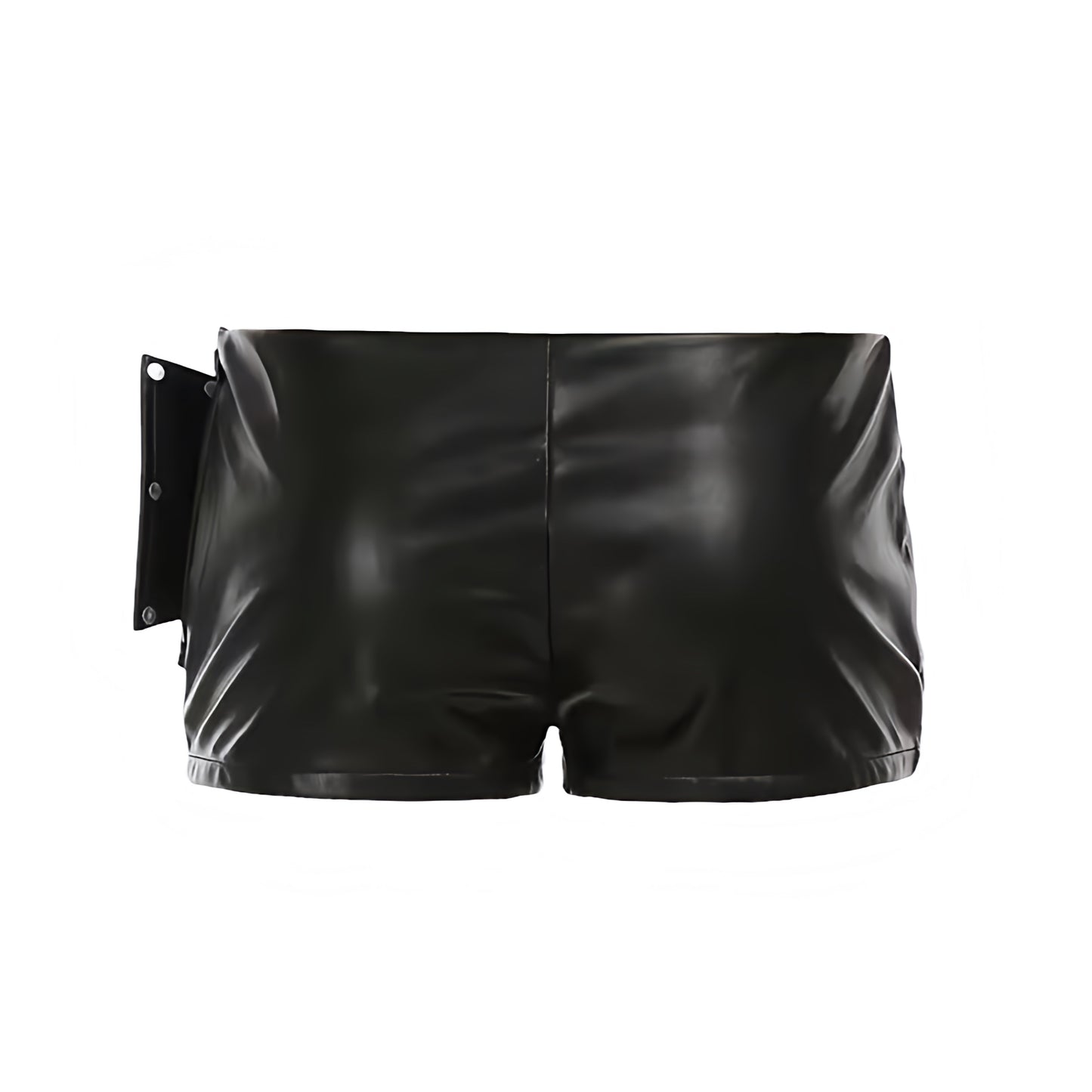 Black Y2K faux leather metallic rivet design buckle waist micro shorts. Slim fit bodycon skinny fit low rise low waisted short shorts mini shorts hot pants cut shorts for womens teens ladies. Y2K style 2000s fashion clubwear rave shorts festival outfit concert outfit night out outfit disco outfit streetwear fashion baddie outfits rock chic rockstar girlfriend outfit grunge punk emo western chic.
