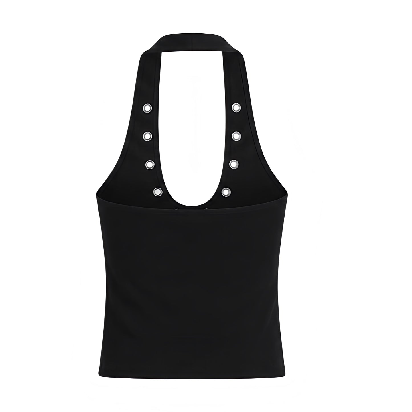 Black slim fit rivet studded sleeveless V-neck backless halter tank top with metallic rivet details, plunging neckline, open back, cut out design, Y2K style, 2000s fashion, retro style, corset bustier top, crop top, club wear, party outfit, rave top, festival outfit, concert outfit, Ibiza style, baddie outfit, streetwear, grunge, goth, punk, emo, cyberpunk, opiumcore, rock chic, futuristic glam, western chic, worldwide shipping.