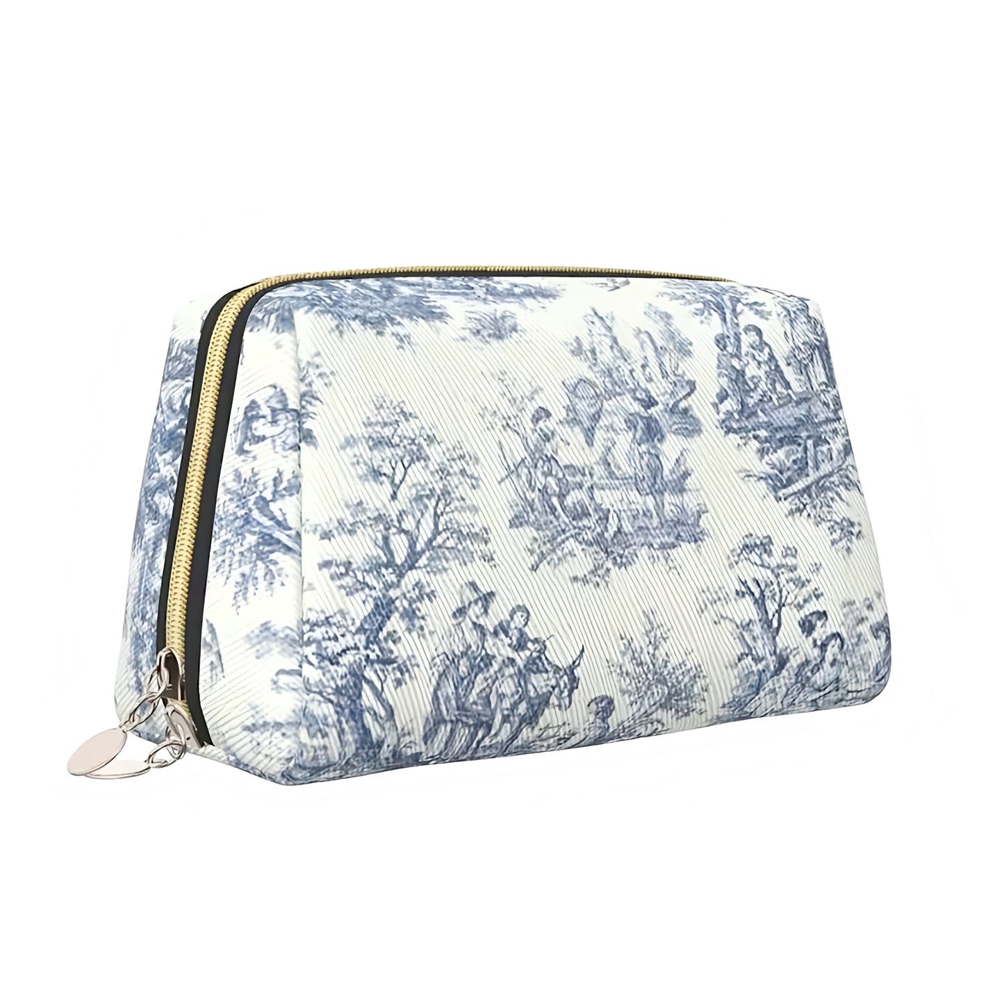 Blue and white floral print waterproof makeup pouch bag featuring an elegant coastal-inspired design. Compact and lightweight, this vegan-friendly cosmetic bag is made with durable material and a metallic zipper. Perfect for organizing makeup, toiletries, or travel essentials. Designed for women, teens, and girls who love chic coastal style. Ships globally to US, UK, Canada, Australia, New Zealand, Europe, and Asia.