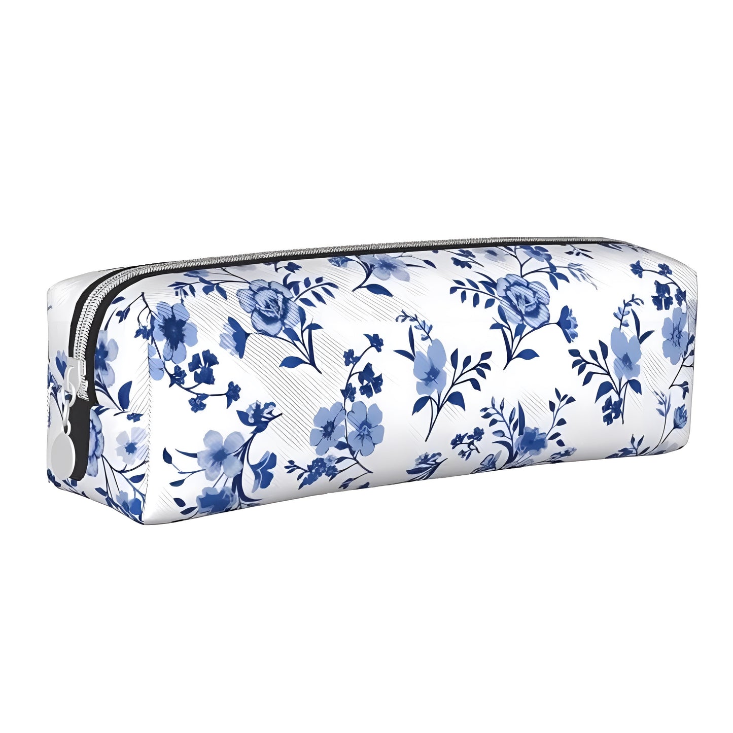 Blue and white floral print waterproof makeup pouch bag featuring a lightweight, vegan-friendly material with a metallic zipper. Perfect for cosmetics, toiletries, and travel essentials. Compact, elegant, and coastal-inspired design for women, teens, and girls who love Hamptons, Nantucket, and Euro Summer style. Ships globally to the US, UK, Canada, Australia, New Zealand, Europe, and Asia.