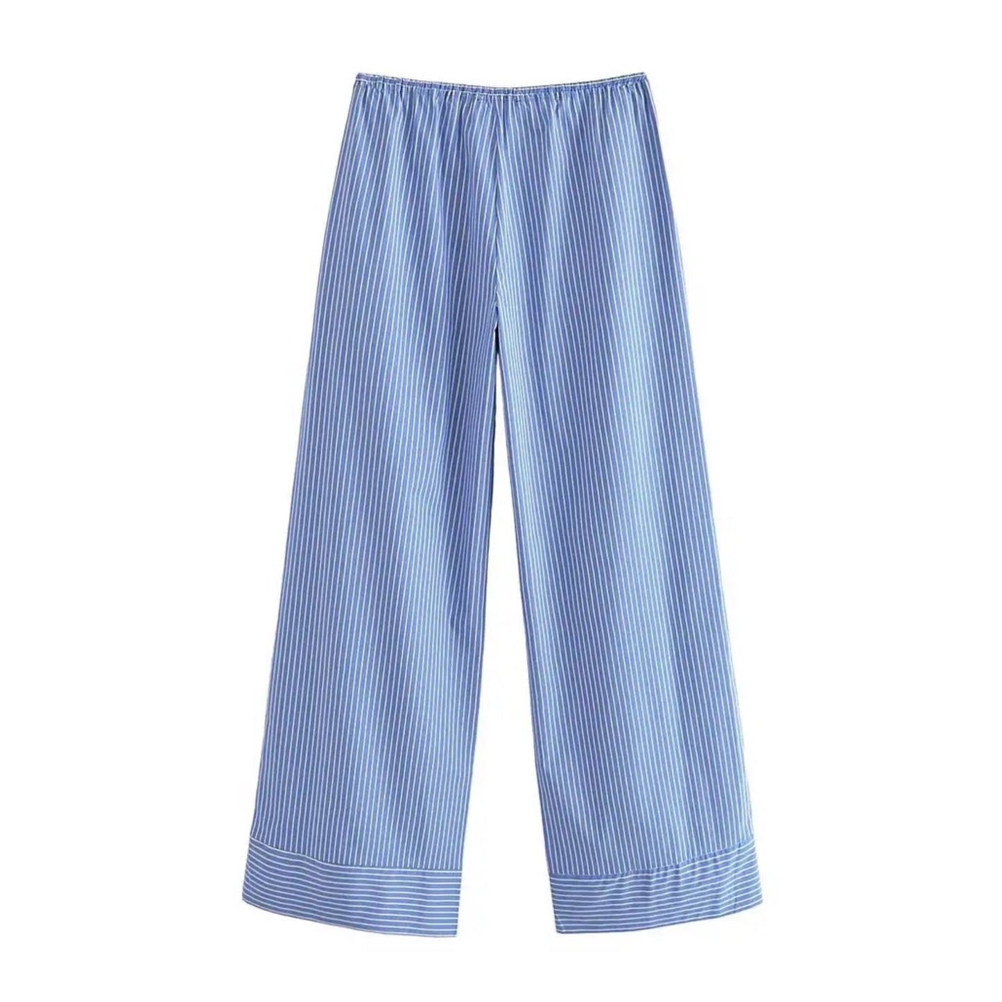 Blue and white striped seersucker low-rise linen pants for women made from soft breathable cotton blend fabric with an adjustable drawstring waistband and relaxed wide-leg fit. Lightweight, comfy, and perfect for resort, travel, or beachwear. Full-length coastal-inspired trousers in nautical pinstripe pattern for everyday or vacation outfits. Ships globally to the US, UK, Canada, Europe, Australia, and Asia.