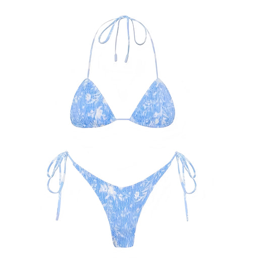 Blue & White Floral Print Ruched 2 Piece Triangle Bikini Set for women, teens, and ladies. Features floral patterned ruched ribbed wireless wire-free push up bikini top with halter v neck, spaghetti straps, sleeveless backless string tie design, and matching bottoms in cheeky thong or full coverage. Sexy feminine Y2K chic trendy summer 2025 swimwear, coastal granddaughter style, Euro summer Greece Mamma Mia aesthetic, tropical Hawaii beach vacation, resort wear, Hamptons and Nantucket style. Ships globally
