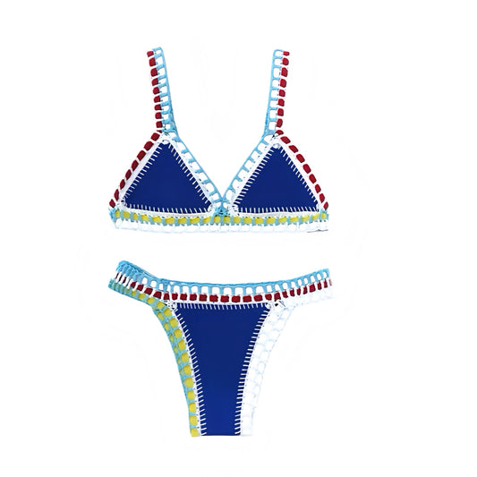 Bora multicolor striped crochet 2 piece triangle bikini set in blue, red, yellow, and white knit stripes, handmade boho chic trendy swimwear with triangle top and cheeky or full coverage bottoms, stylish women’s and teens bohemian preppy style, Ibiza party and beach club fashion, euro summer 2025 coastal granddaughter aesthetic, Italian summer vacation resort wear, global shipping available to USA, Canada, UK, Australia, France, Germany, Spain, Italy, Denmark, Asia.