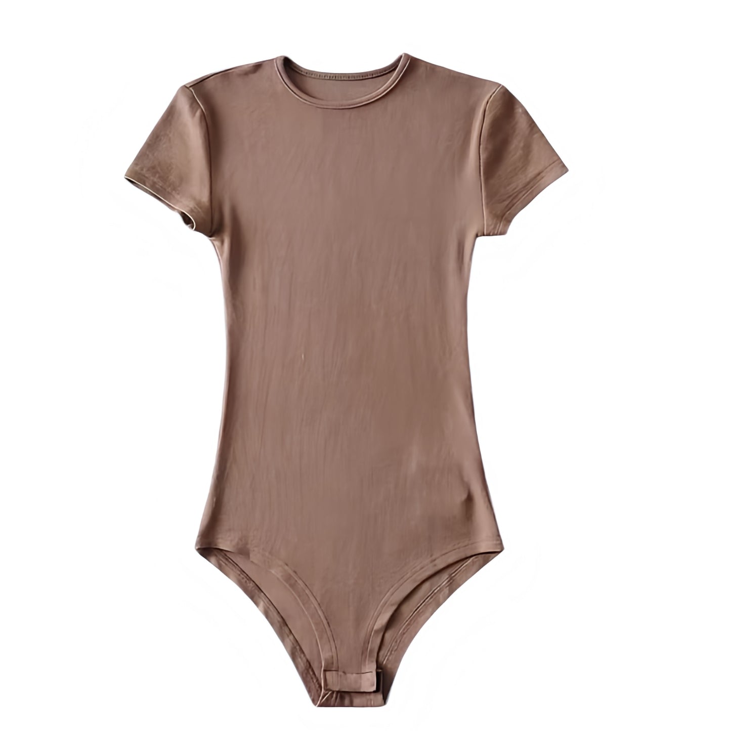 Brown bodycon short sleeve bodysuit in soft cotton blend fabric with a sleek slim fit silhouette. Features a crewneck neckline, seamless stretch, and smooth finish for a flattering, minimalist look. A comfy and versatile brown neutral top perfect for everyday outfits, layering, and chic minimalist wardrobes. Ships globally to the US, UK, Canada, Australia, New Zealand, Europe, Asia, and beyond.