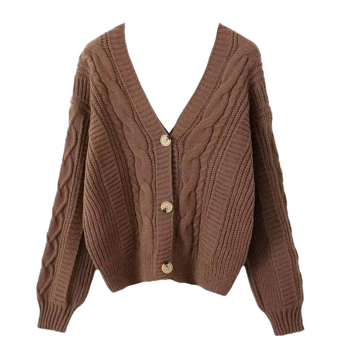 Brown Cable Knit V-Neck Cardigan – Chunky Cozy Knit Sweater 2025