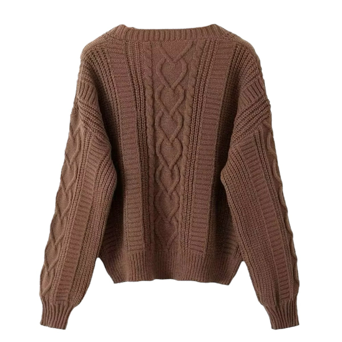 Brown cable knit V-neck long sleeve cardigan sweater for women and teens, chocolate brown chunky knit textured soft fuzzy cozy warm thick oversized button-down knitwear with tortoiseshell buttons, elegant casual chic trendy jumper for fall autumn winter 2025, Zara and Aritzia dupe cardigan shipping globally worldwide to US, UK, Canada, Europe, Australia, and Asia.