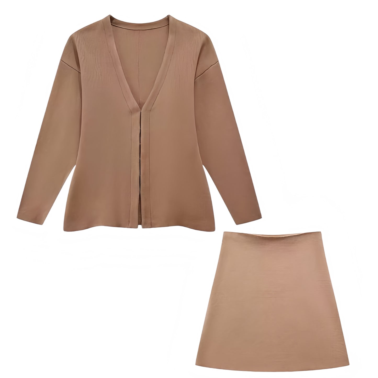 Brown Knit V-Neck Long Sleeve Cardigan Sweater & Mini Skirt 2 Piece Set for women and teens. Soft ribbed woolen knitwear matching set featuring a cropped V-neck cardigan and high-waisted mini skirt. Cozy, warm, and chic outfit perfect for fall, autumn, and winter 2025 fashion. Ships globally and worldwide to the US, UK, Canada, Australia, Europe, and Asia.