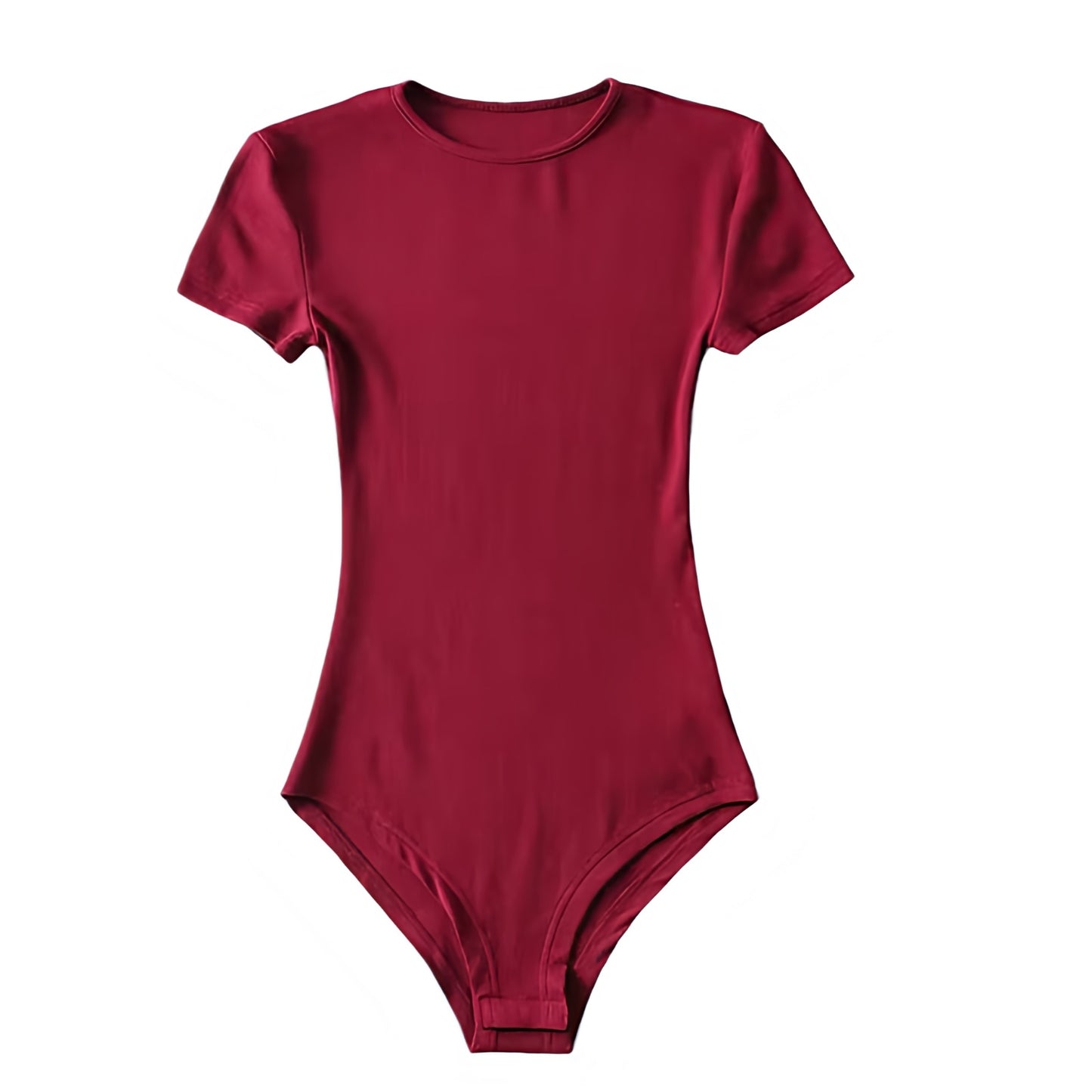 Burgundy red bodycon short sleeve bodysuit made from a soft, stretchy cotton blend fabric. Features a crewneck, slim fitted silhouette, and smooth seamless design for a flattering, feminine fit. Perfect for layering or wearing as a chic minimalist top with jeans, skirts, or trousers. Ideal for casual, everyday, or evening outfits. Ships globally to the US, UK, Canada, Australia, New Zealand, Europe, and Asia.