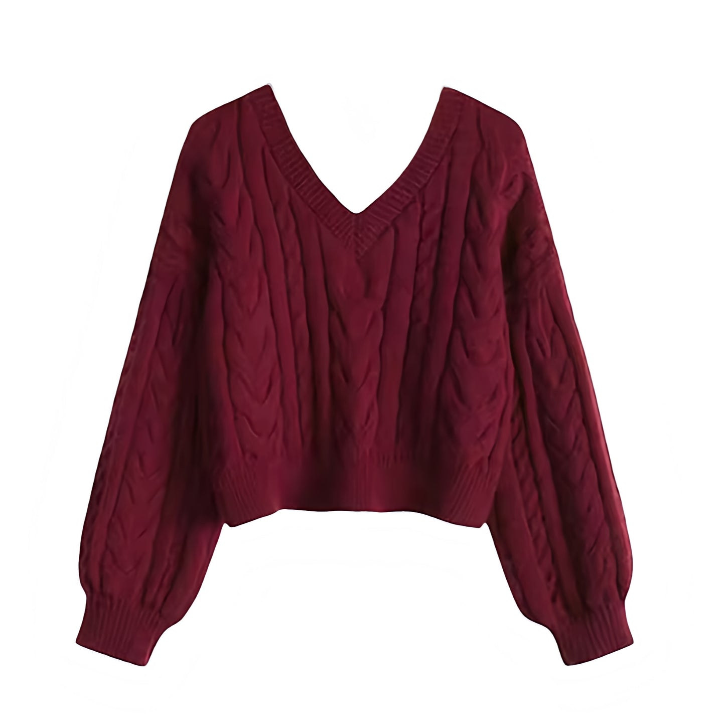 Burgundy red cable knit v-neck cropped long sleeve sweater for women featuring soft chunky knit fabric with woolen texture, ribbed cuffed sleeves, lightweight yet warm and breathable construction, and relaxed oversized fit. Cozy red knitwear jumper perfect for autumn, fall, and winter 2025 and 2026, Scandinavian Stockholm style, minimalist everyday outfits, school and university fashion. Ships worldwide.