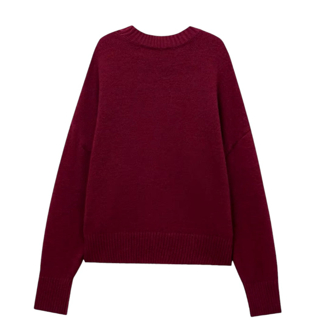 Burgundy red knit woolen long sleeve pullover sweater for women and teens, soft chunky knit jumper with fuzzy cozy warm thick texture, oversized elegant trendy chic preppy streetwear knitwear for fall autumn winter 2025, Aritzia dupe and Zara-inspired feminine fashion sweater with global worldwide shipping to US UK Canada Europe Australia Asia from Dazey Hill.