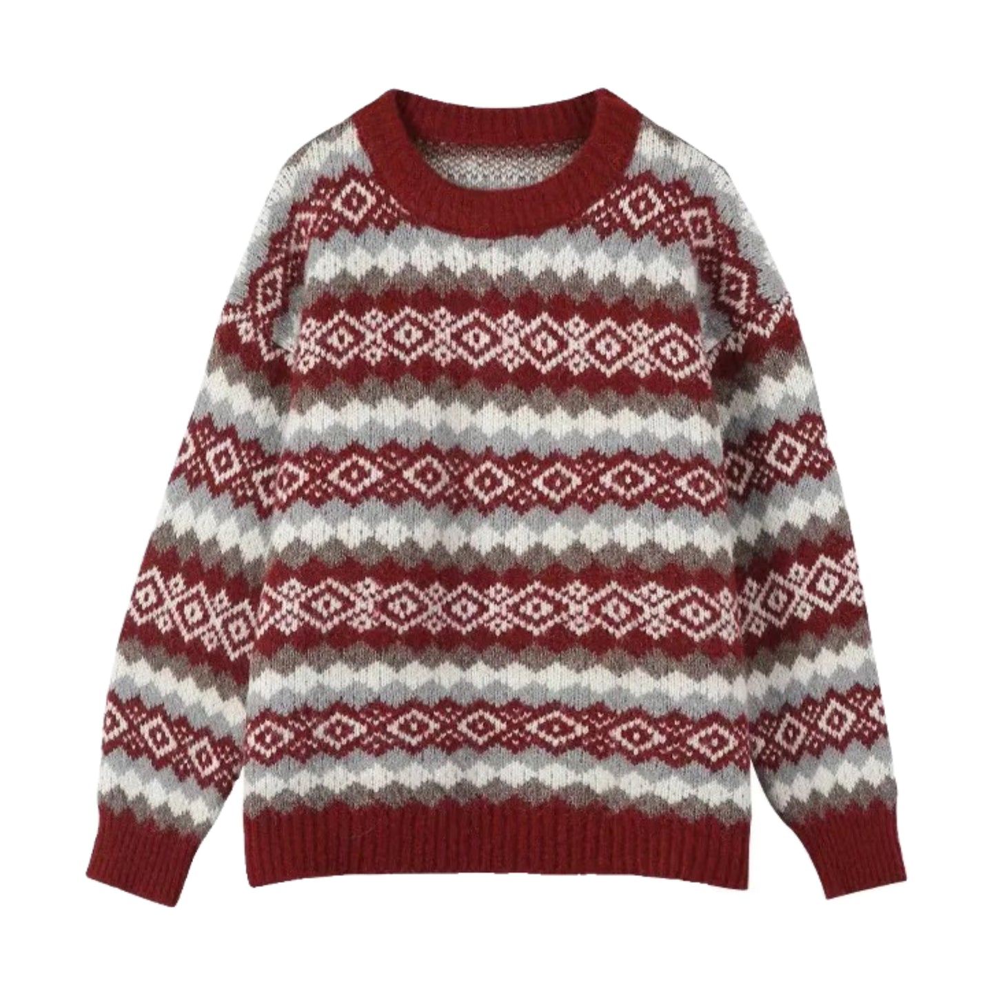 Burgundy red and white knit geometric striped pullover sweater with light grey and light brown accents. Features Nordic Fair Isle design, diamond motifs, triangle patterns, and horizontal striped knitwork. Soft, cozy, breathable, warm chunky knit long sleeve crewneck jumper for women and teens. Oversized relaxed fit, vintage retro Scandinavian winter fashion, perfect for holiday outfits, ski trips, snow days, and global worldwide shipping available.