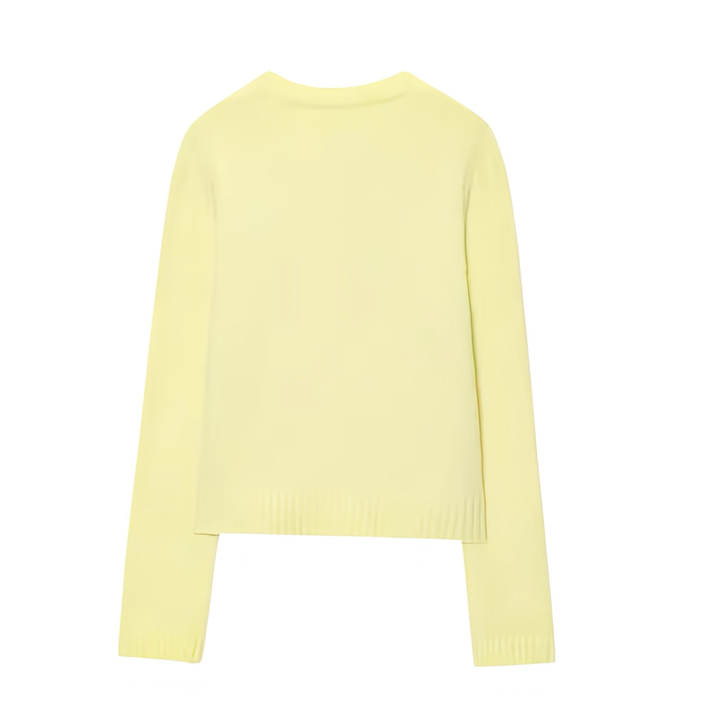 Butter yellow knit button-down long sleeve cardigan sweater for women and teens. Soft, cozy, lightweight knitwear with round neckline and cropped fit. Elegant pastel yellow jumper with v-neck style, perfect for fall, autumn, and winter 2025. Feminine, preppy, and trendy Y2K coquette fashion for ladies. Chic everyday cardigan ideal for school, coffee dates, and casual wear. Ships globally to the US, UK, Canada, Australia, New Zealand, Europe, Asia, France, Germany, Italy, Spain, Denmark, Sweden, Switzerland.
